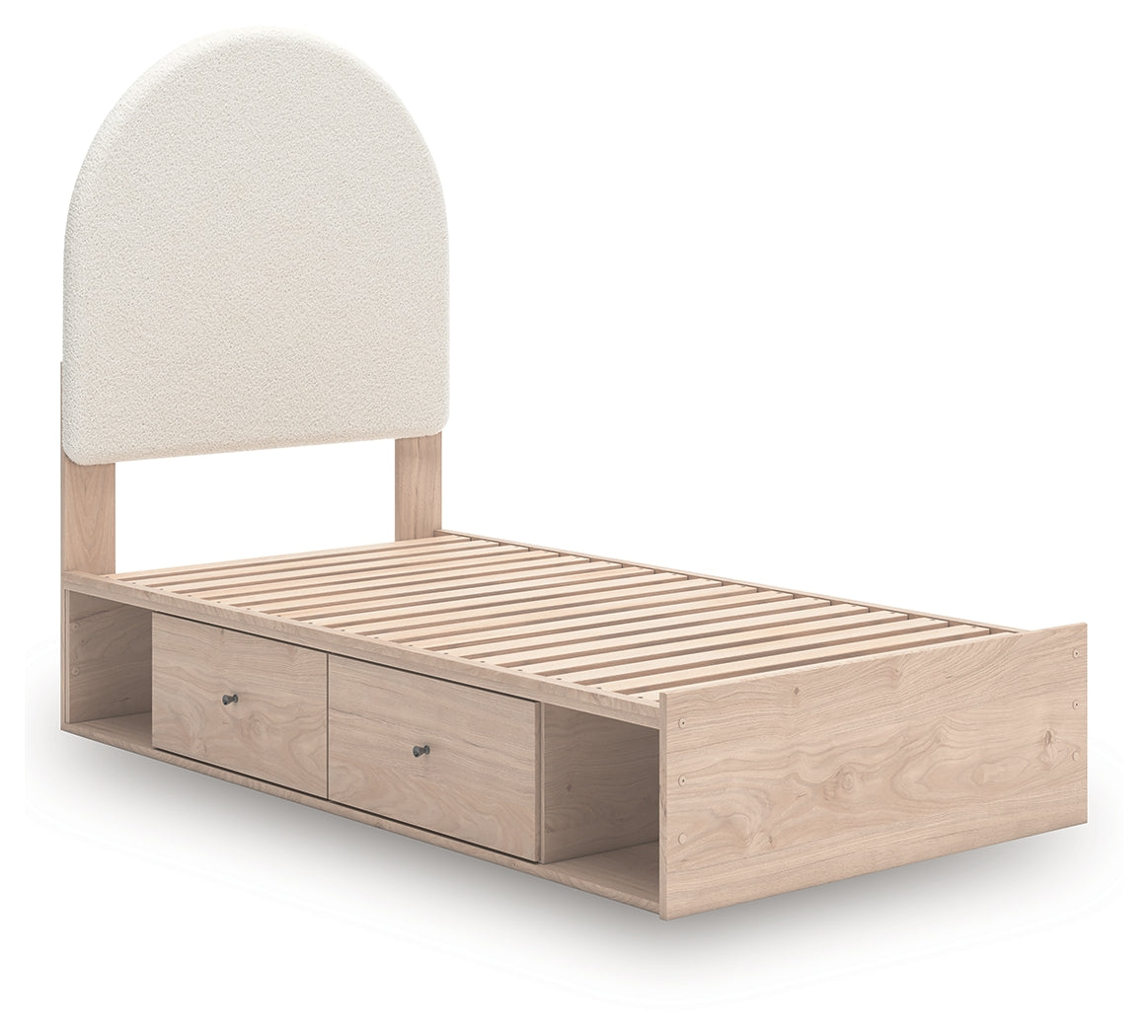 Arloster Tan/White Twin Upholstered Panel Bed with Storage - PCB1566B6