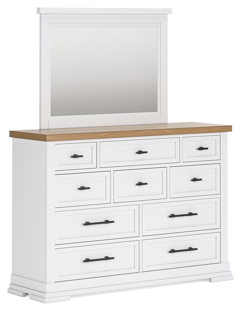Ashbryn California King Panel Storage Bed with Mirrored Dresser and Chest in White/Natural from Ashley - Luna Furniture
