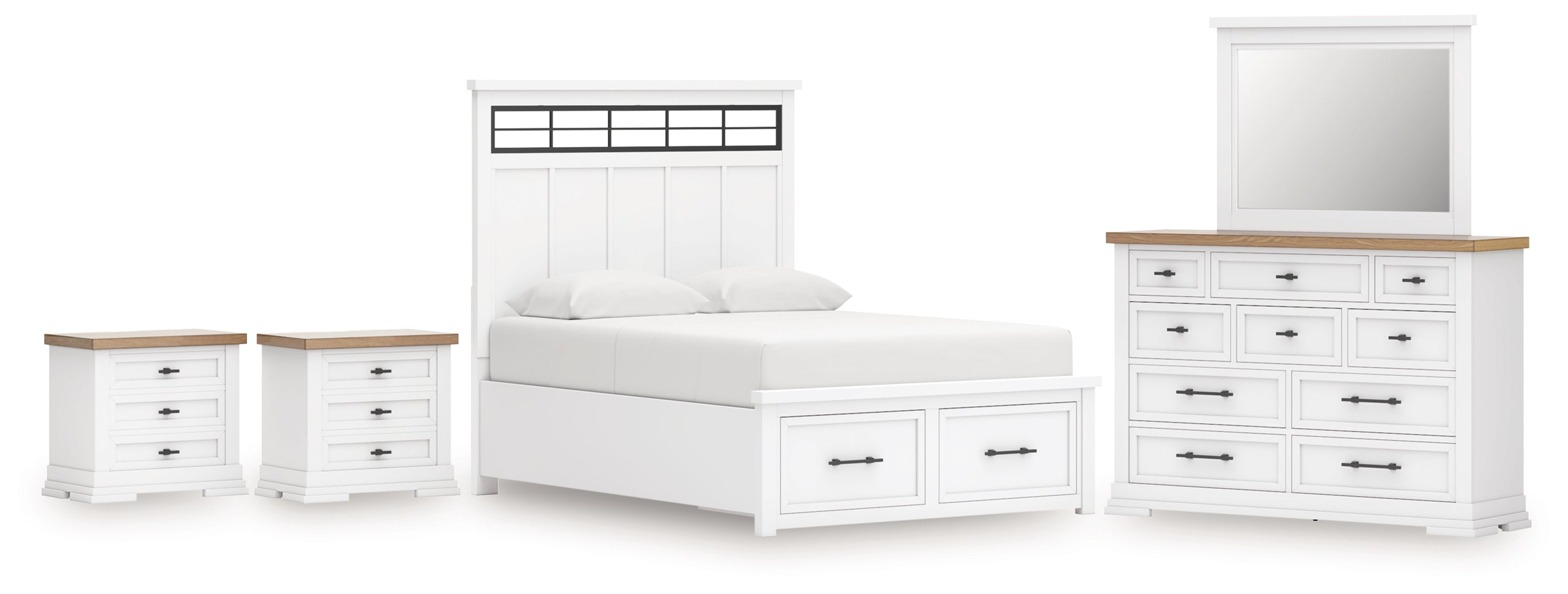 Ashbryn King Panel Storage Bed with Mirrored Dresser and 2 Nightstands in White/Natural from Ashley - Luna Furniture