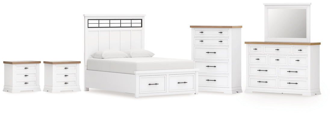 Ashbryn King Panel Storage Bed with Mirrored Dresser, Chest and 2 Nightstands in White/Natural from Ashley - Luna Furniture