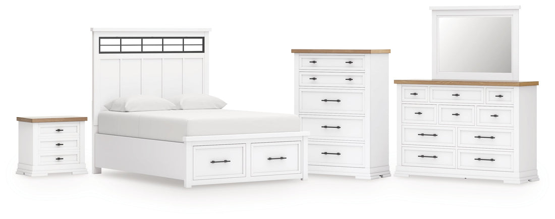 Ashbryn King Panel Storage Bed with Mirrored Dresser, Chest and Nightstand in White/Natural from Ashley - Luna Furniture