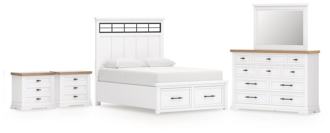 Ashbryn Queen Panel Storage Bed with Mirrored Dresser and 2 Nightstands in White/Natural from Ashley - Luna Furniture