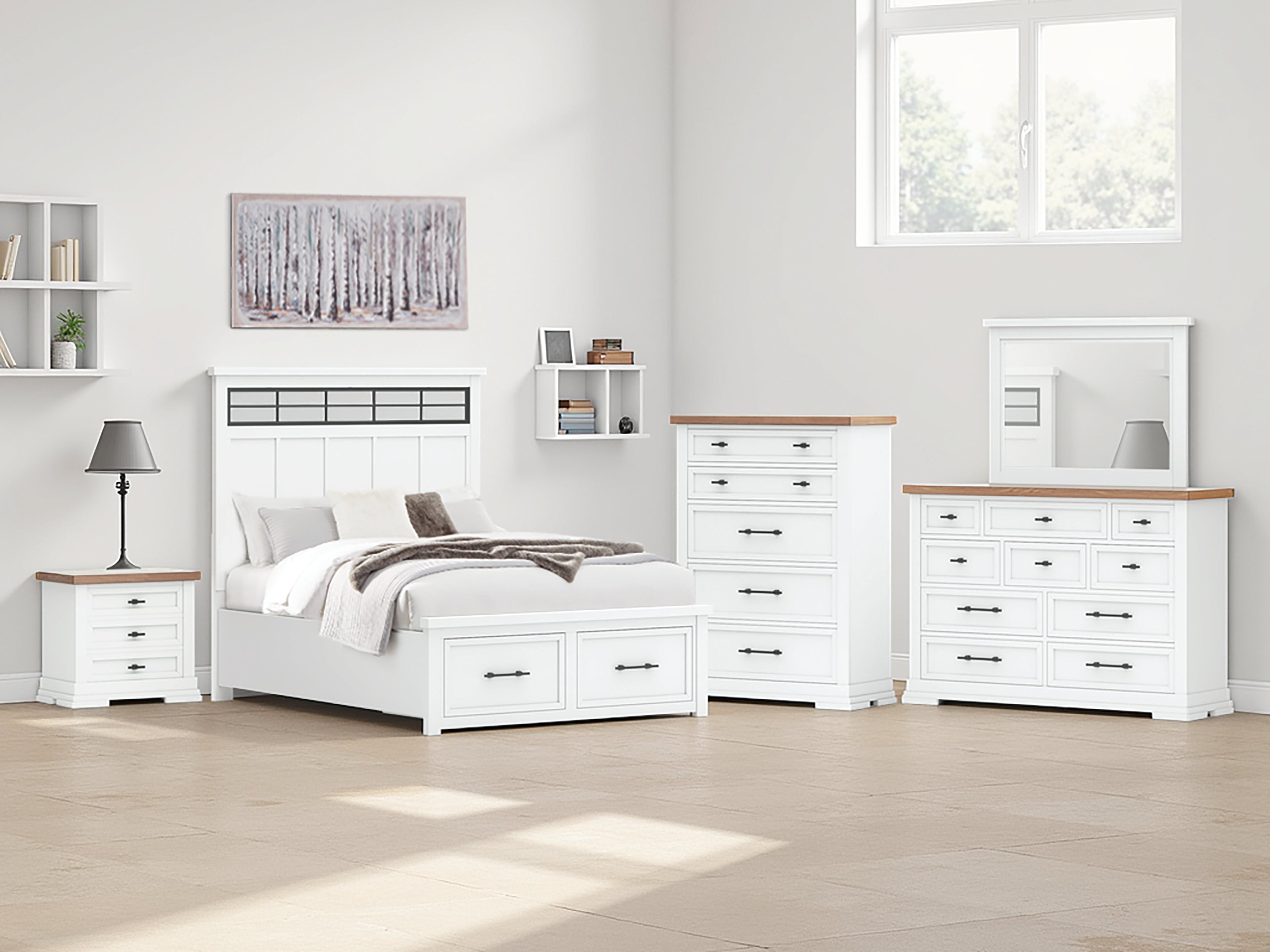 Ashbryn Queen Panel Storage Bed with Mirrored Dresser and Chest in White/Natural from Ashley - Luna Furniture