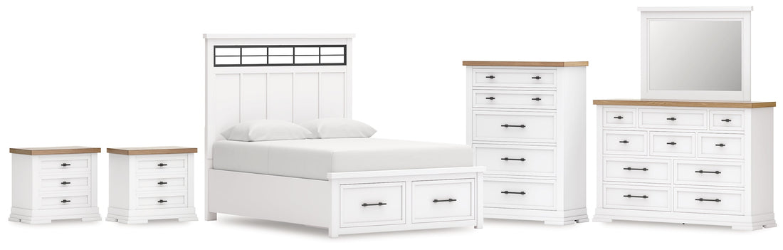 Ashbryn Queen Panel Storage Bed with Mirrored Dresser, Chest and 2 Nightstands in White/Natural from Ashley - Luna Furniture