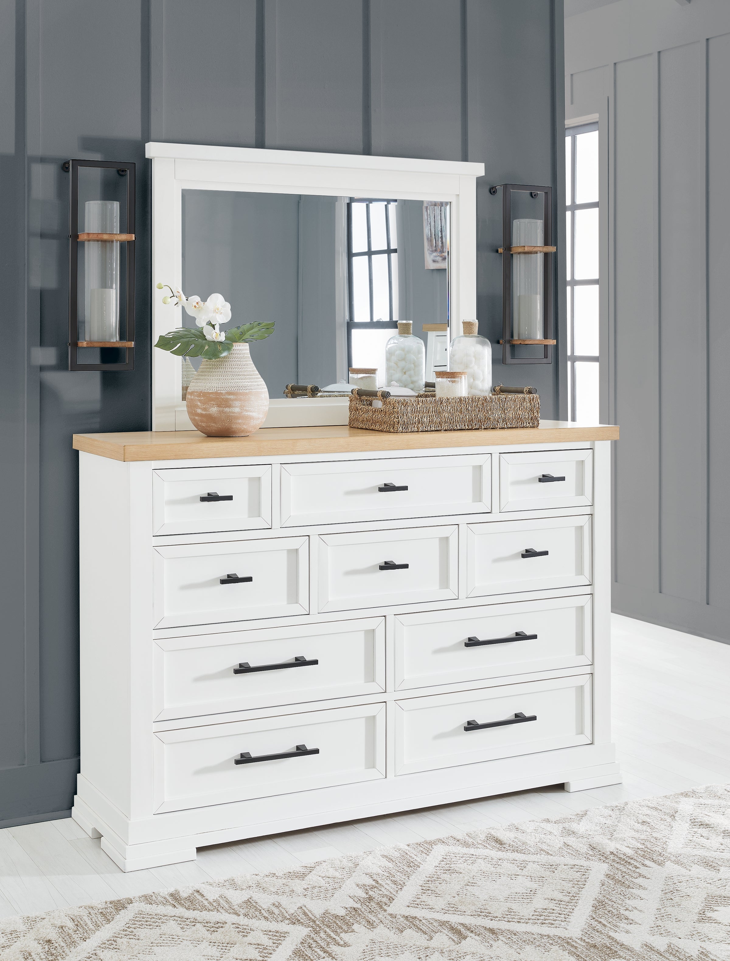 Ashbryn Queen Panel Storage Bed with Mirrored Dresser, Chest and Nightstand in White/Natural from Ashley - Luna Furniture
