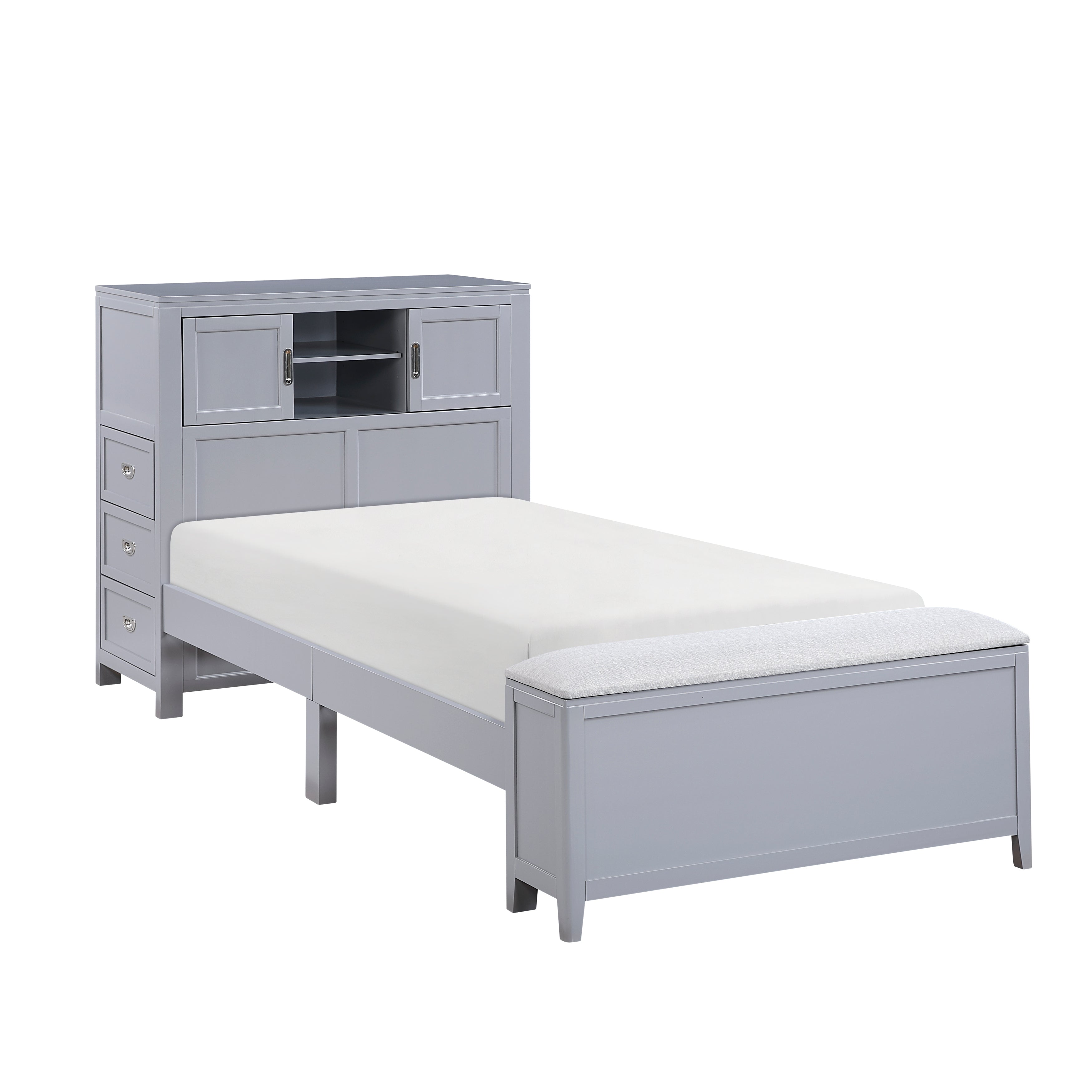 B2024GYBC-1* (2) Twin Bookcase Platform Bed with Hidden Desk, Stool and Storage Bench - B2024GYBC-1*