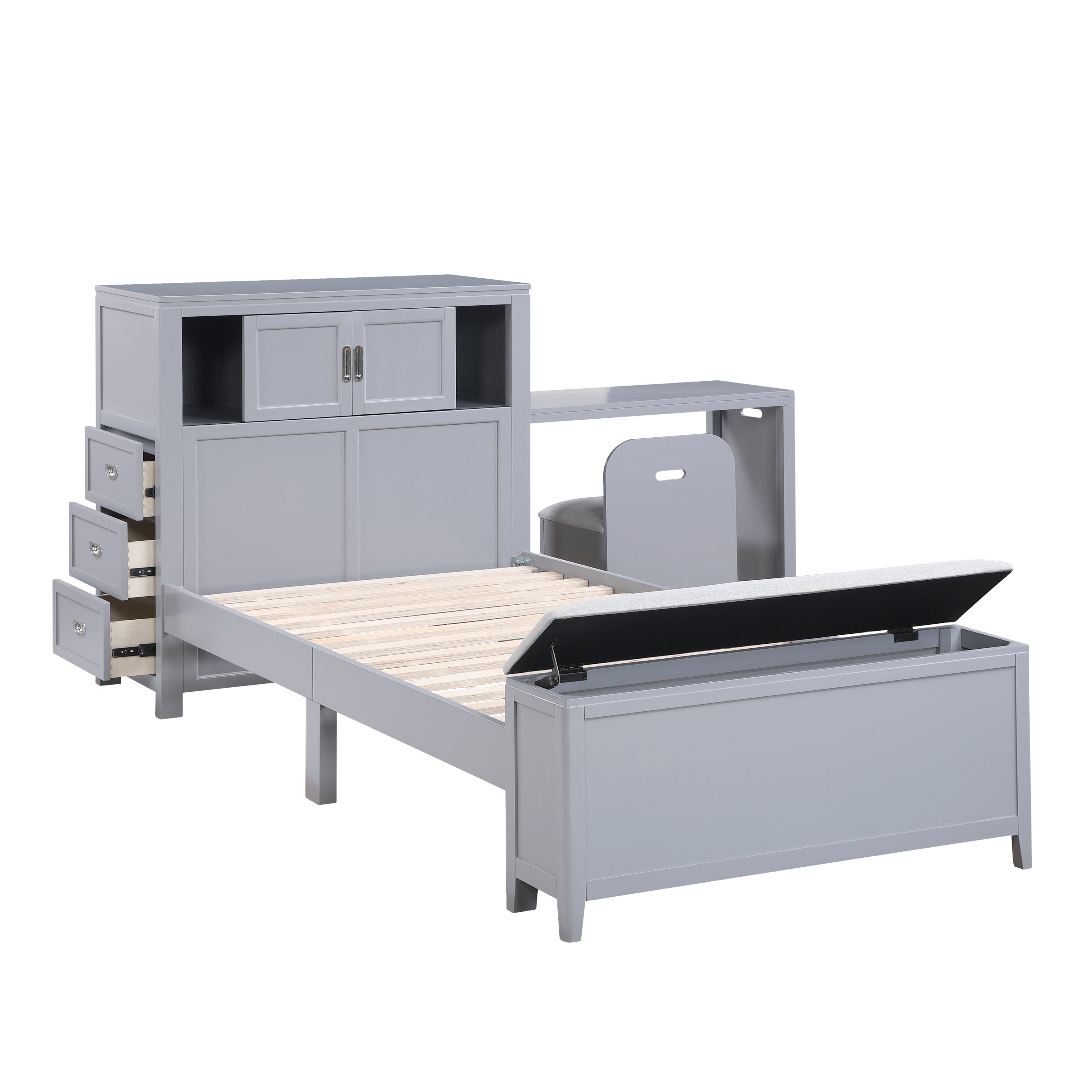B2024GYBC-1* (2) Twin Bookcase Platform Bed with Hidden Desk, Stool and Storage Bench - B2024GYBC-1*