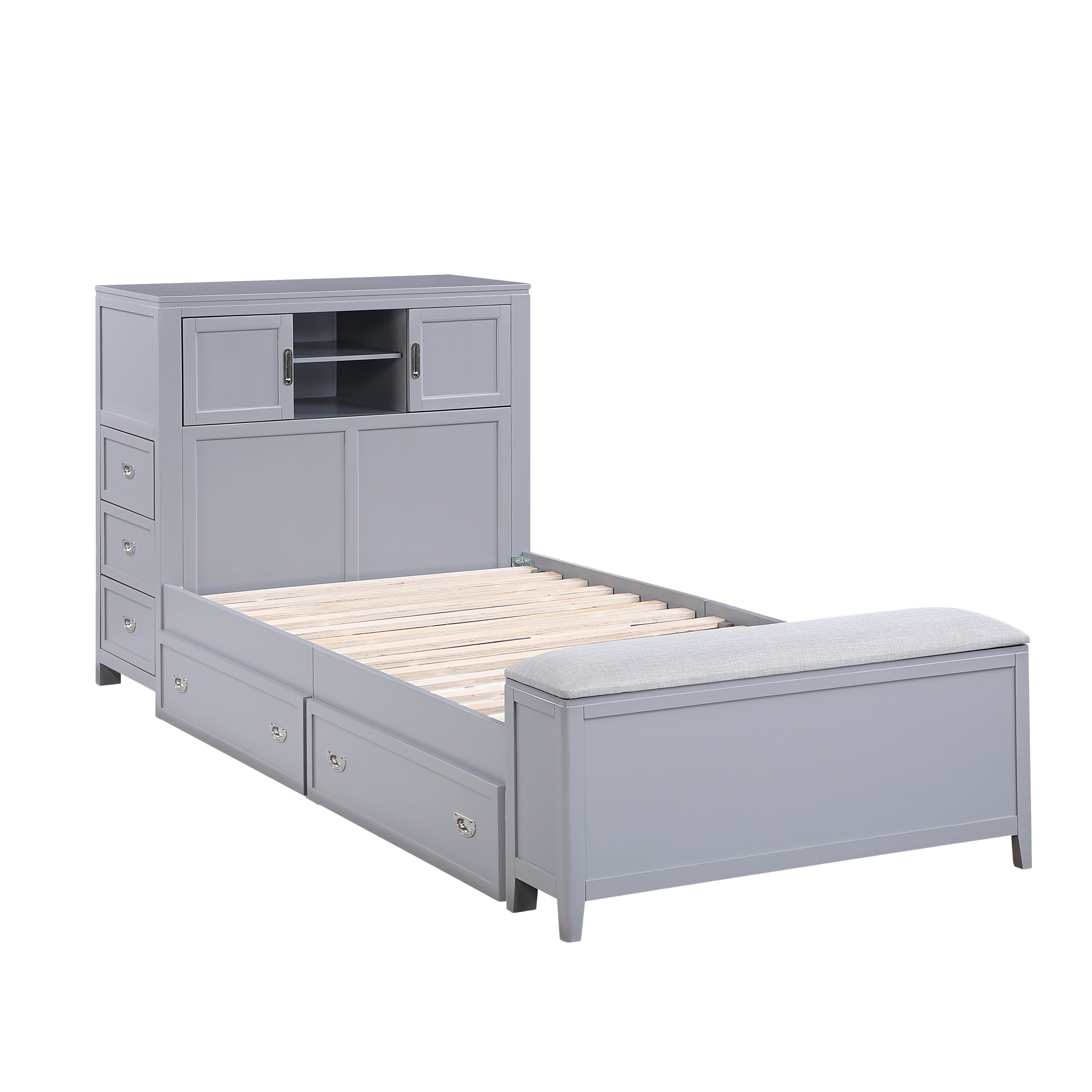 B2024GYBC-1* (2) Twin Bookcase Platform Bed with Hidden Desk, Stool and Storage Bench - B2024GYBC-1*