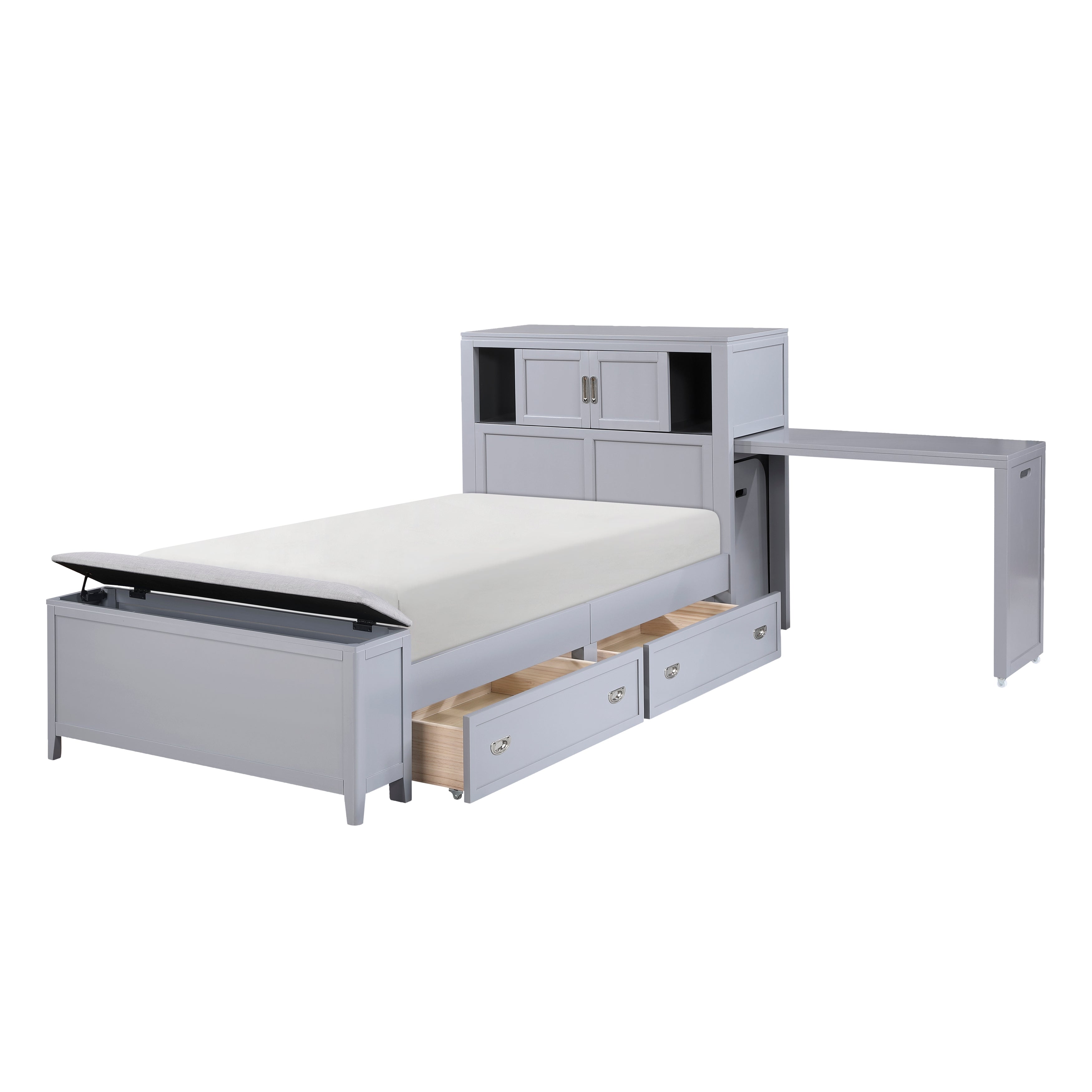 B2024GYBC-1* (2) Twin Bookcase Platform Bed with Hidden Desk, Stool and Storage Bench - B2024GYBC-1*