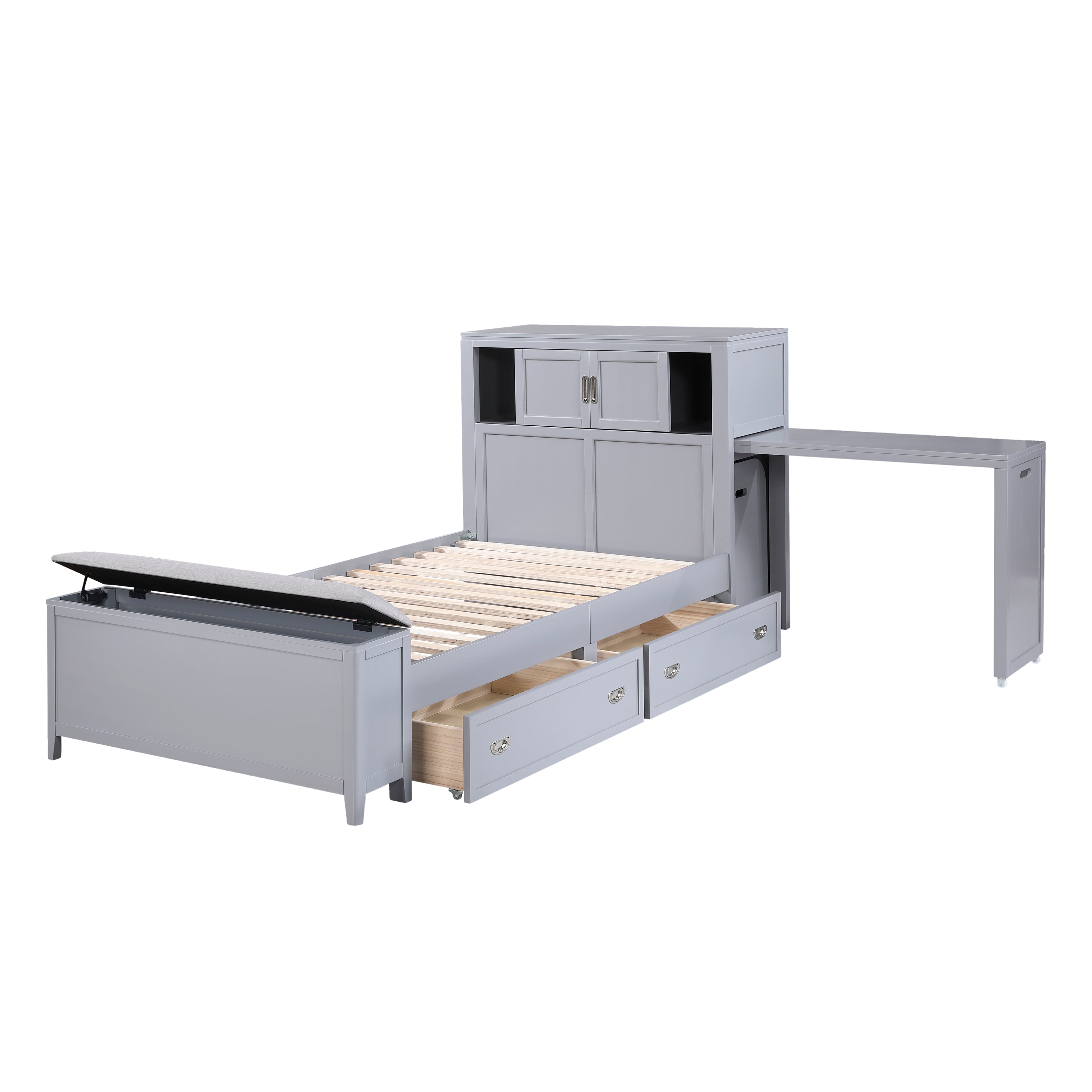 B2024GYBC-1* (2) Twin Bookcase Platform Bed with Hidden Desk, Stool and Storage Bench - B2024GYBC-1*