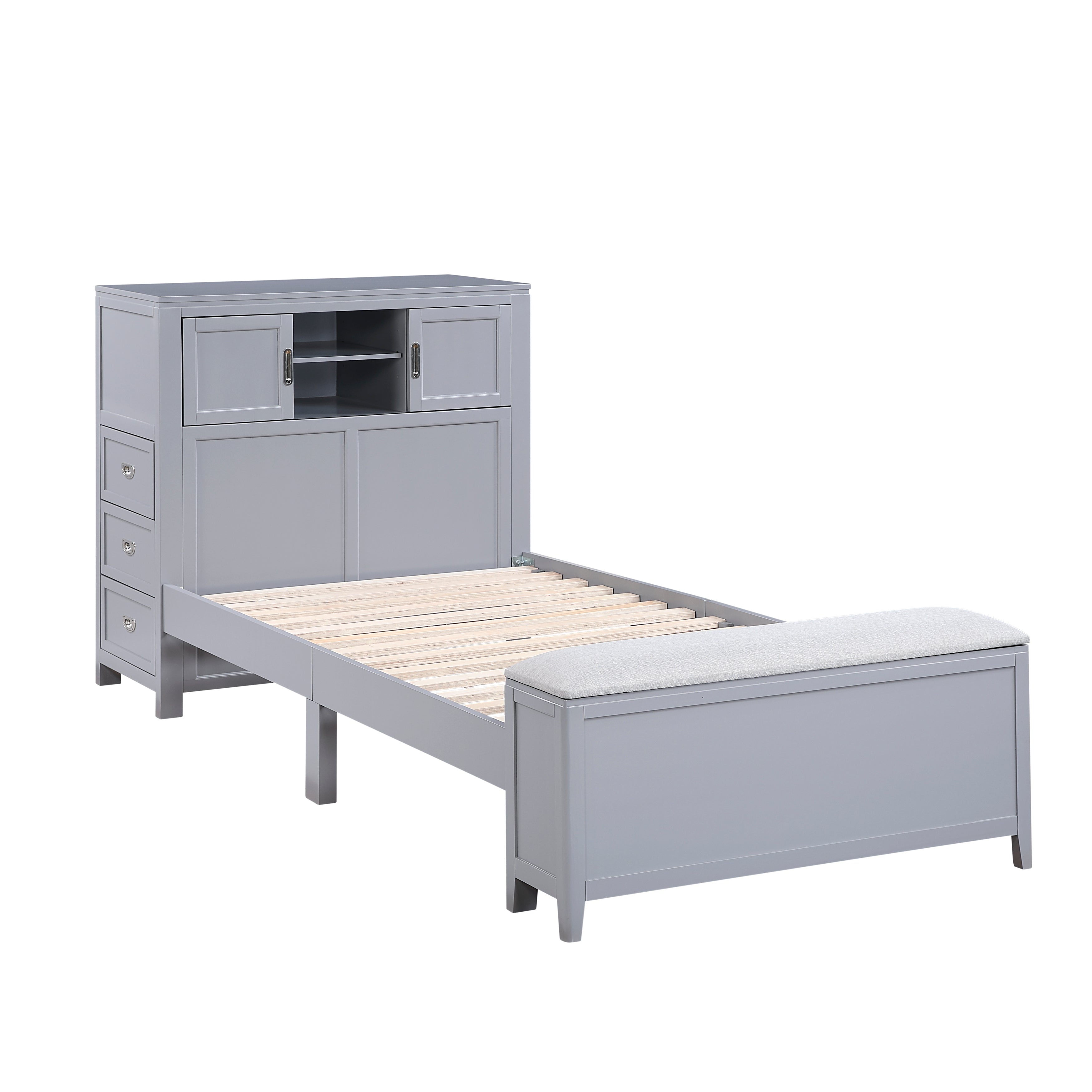 B2024GYBC-1* (2) Twin Bookcase Platform Bed with Hidden Desk, Stool and Storage Bench - B2024GYBC-1*