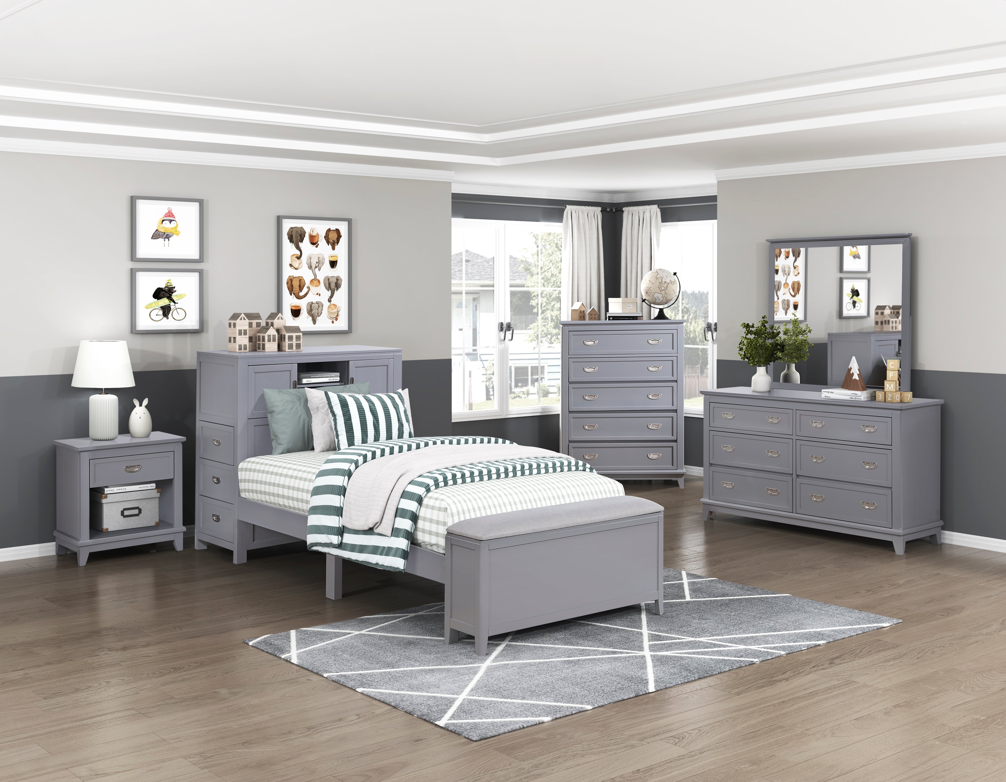 B2024GYBC-1* (2) Twin Bookcase Platform Bed with Hidden Desk, Stool and Storage Bench - B2024GYBC-1*