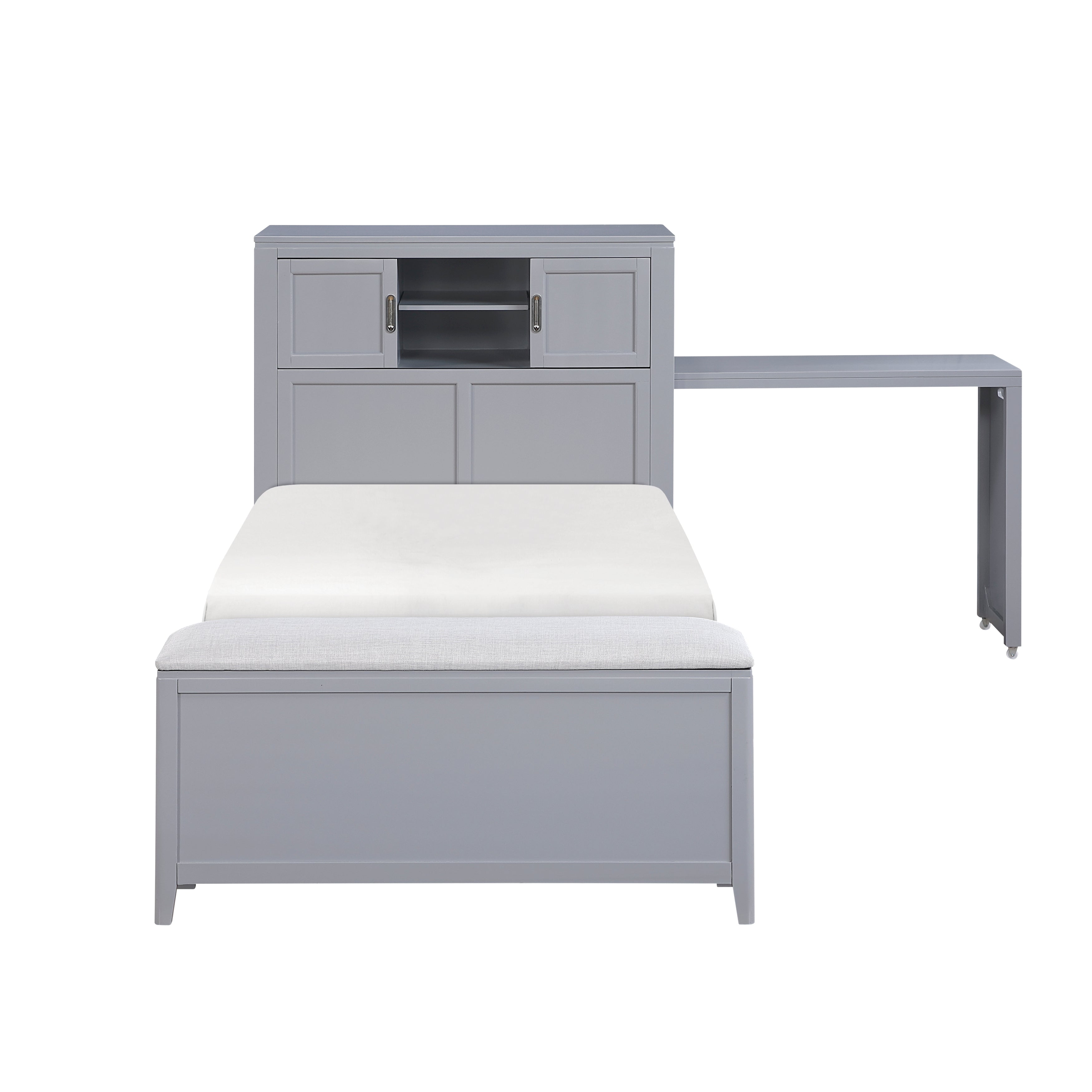 B2024GYBC-1* (2) Twin Bookcase Platform Bed with Hidden Desk, Stool and Storage Bench - B2024GYBC-1*