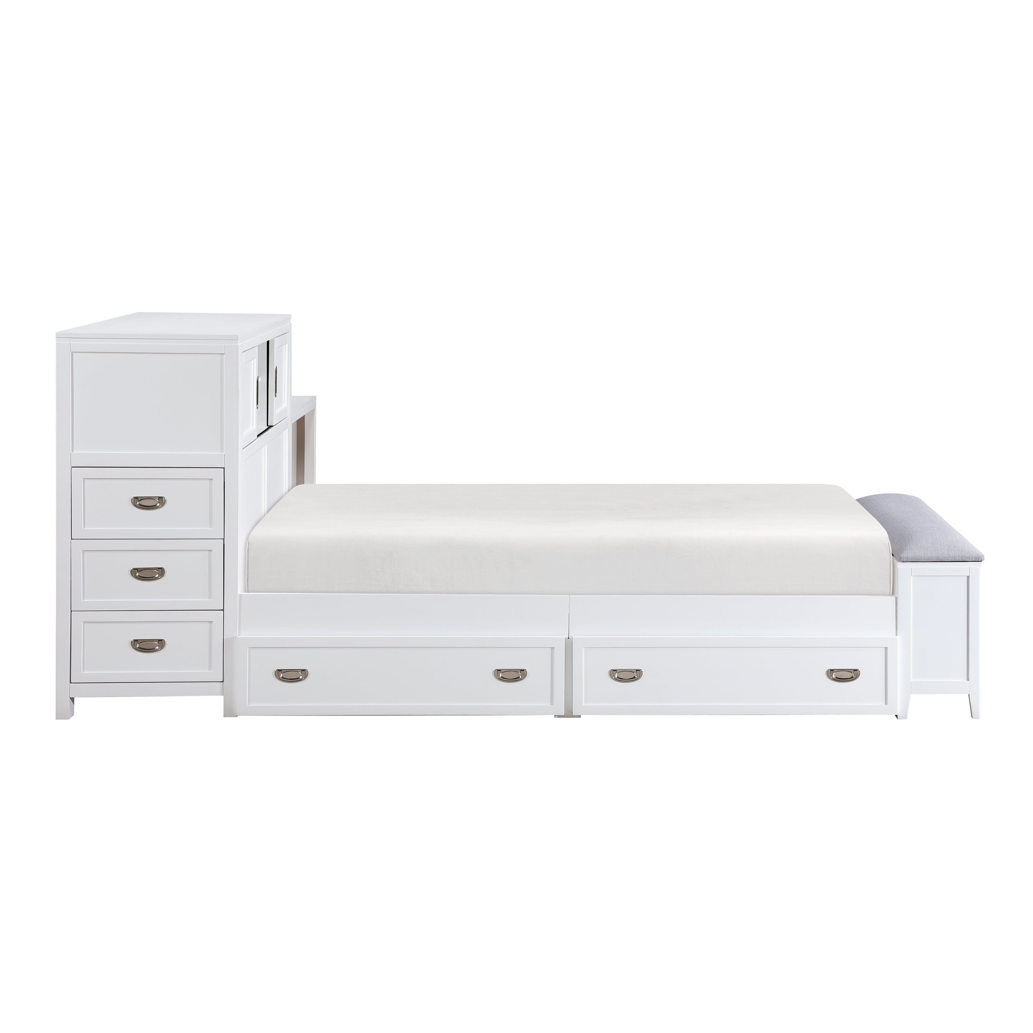 B2024WHBC-1* (2) Twin Bookcase Bed with Hidden Desk, Stool and Storage Bench - B2024WHBC-1*