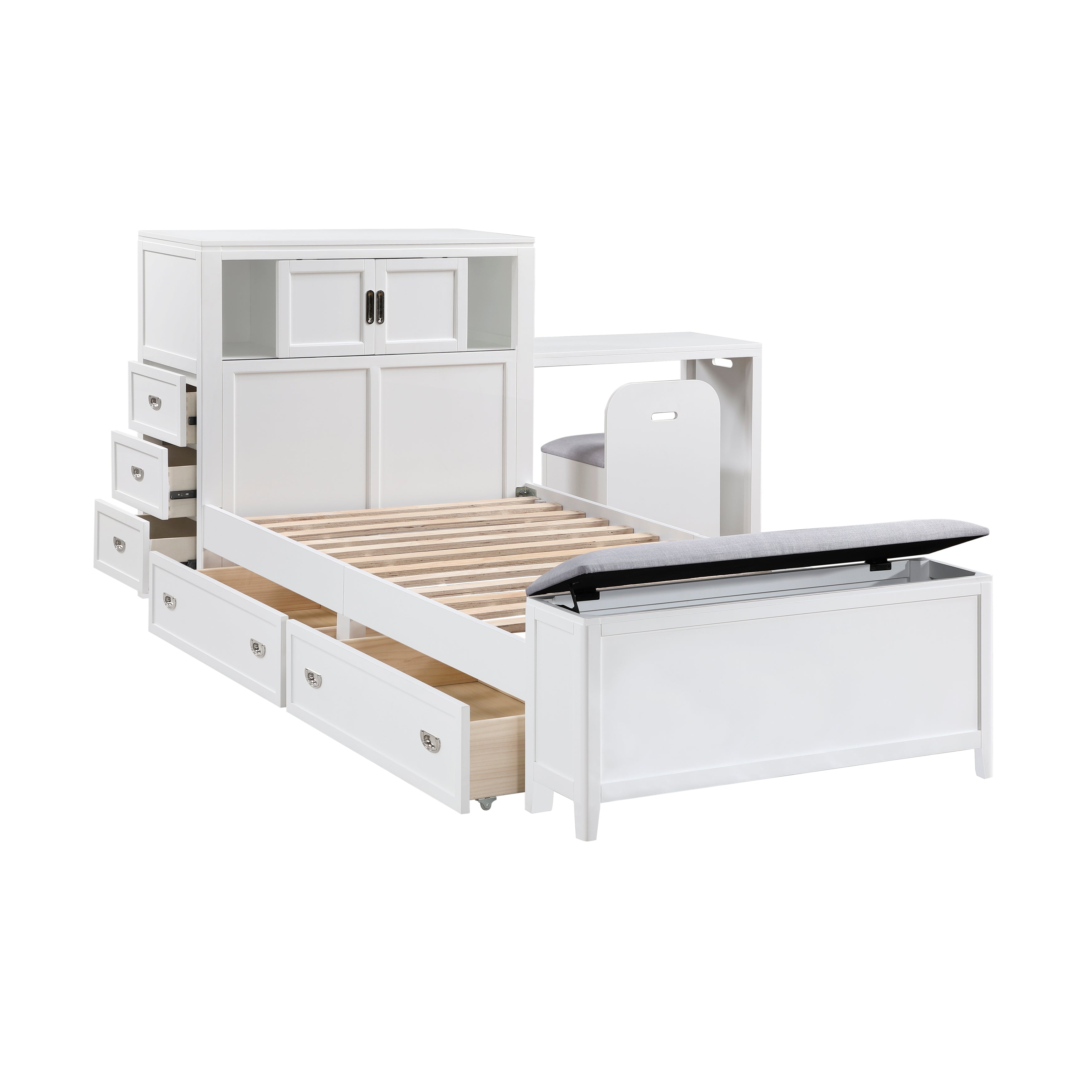 B2024WHBC-1* (2) Twin Bookcase Bed with Hidden Desk, Stool and Storage Bench - B2024WHBC-1*