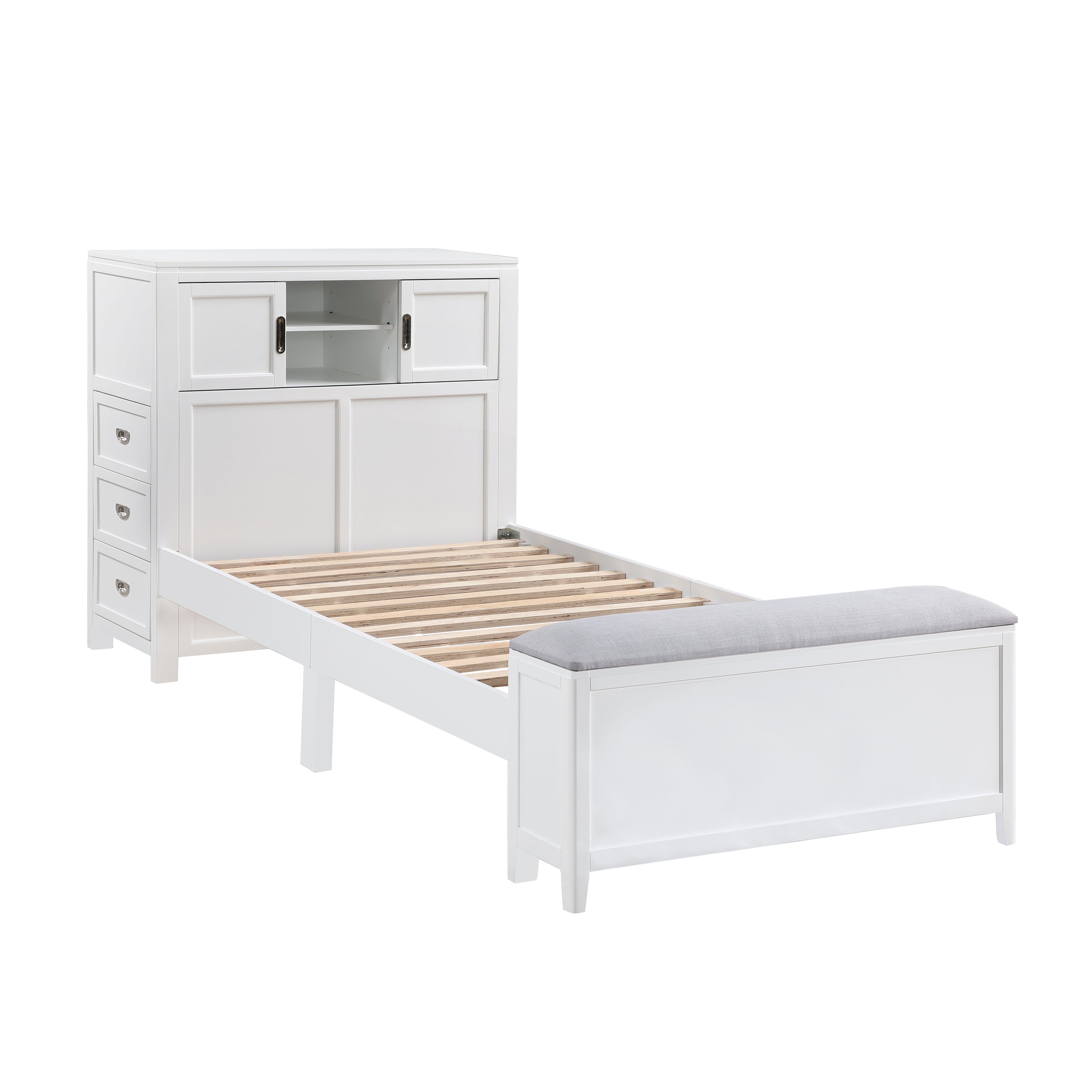 B2024WHBC-1* (2) Twin Bookcase Bed with Hidden Desk, Stool and Storage Bench - B2024WHBC-1*