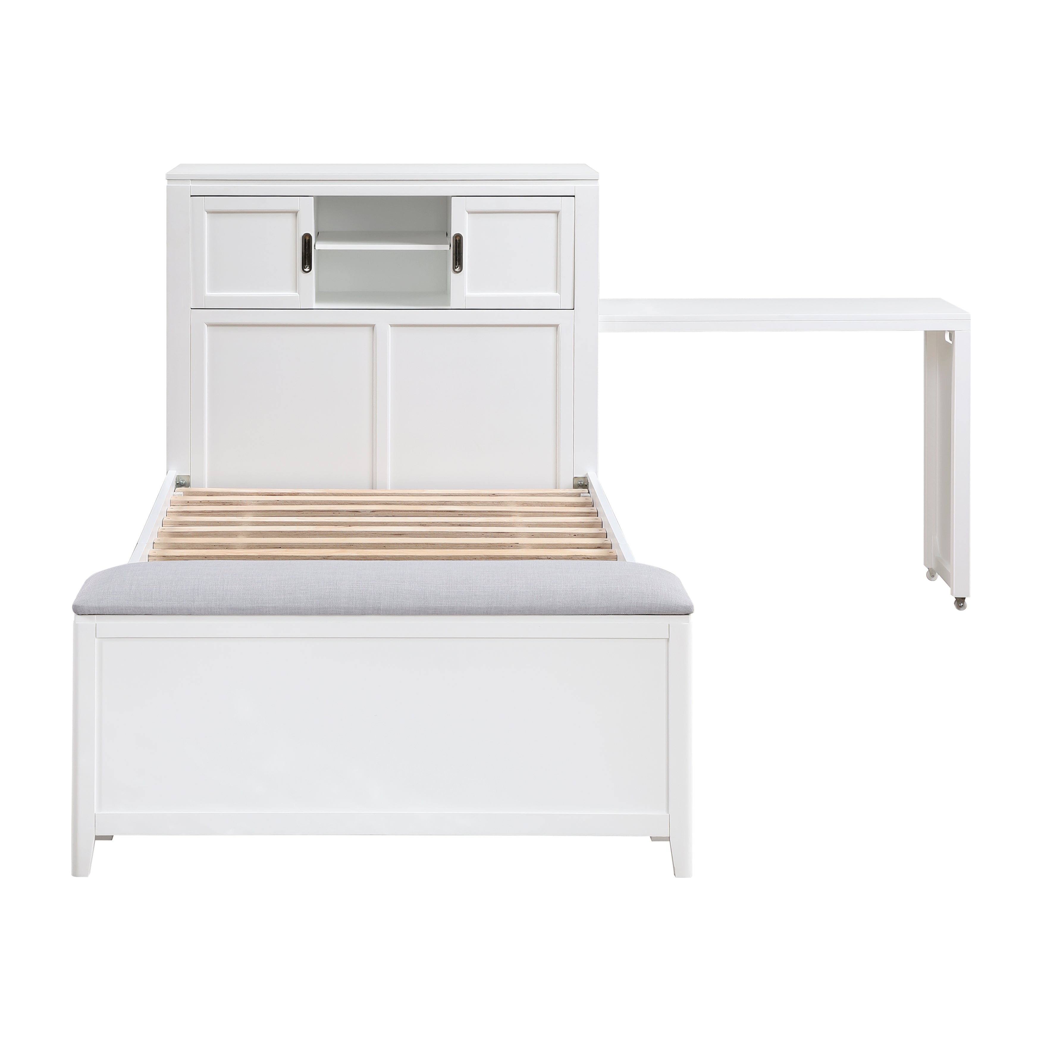 B2024WHBC-1* (2) Twin Bookcase Bed with Hidden Desk, Stool and Storage Bench - B2024WHBC-1*