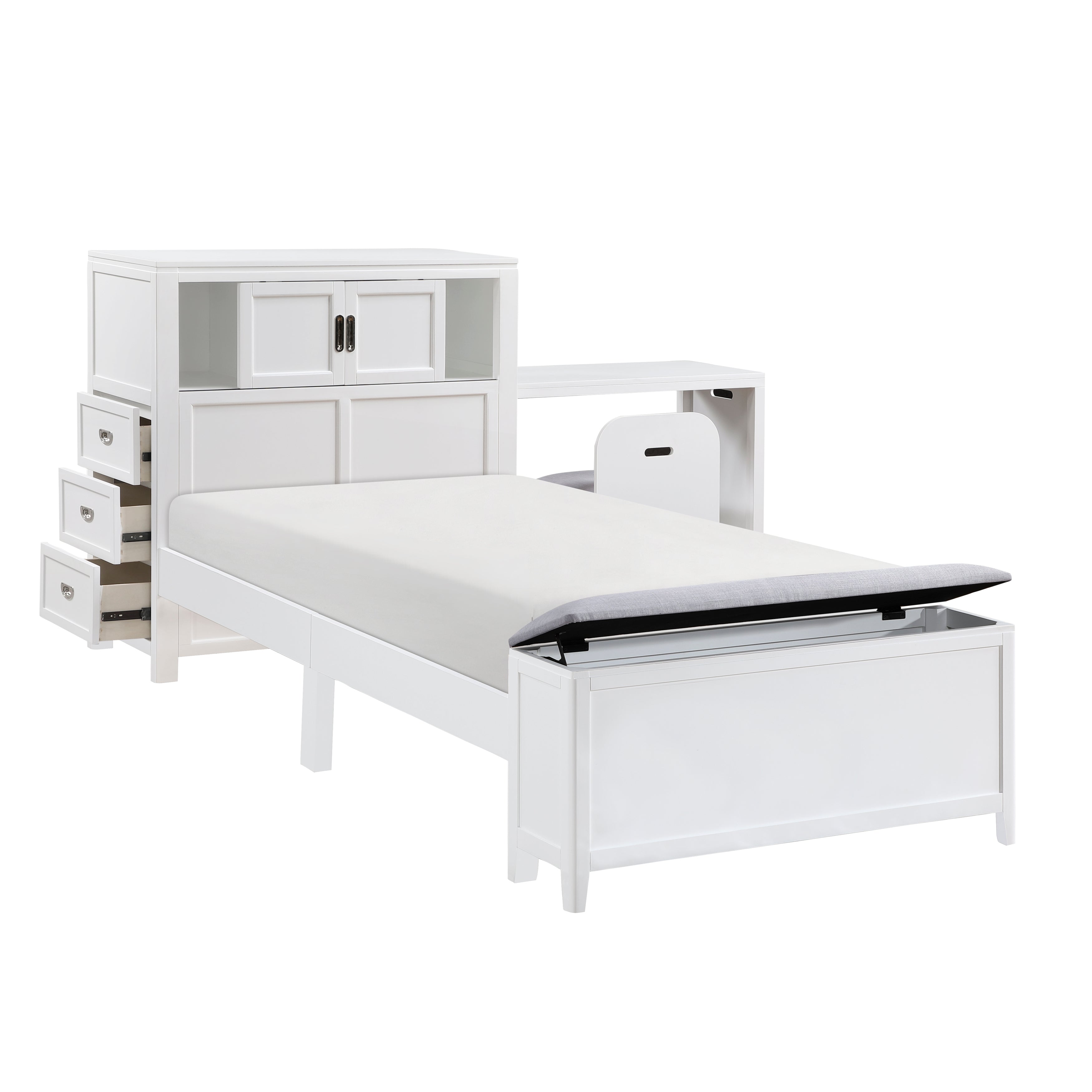 B2024WHBC-1* (2) Twin Bookcase Bed with Hidden Desk, Stool and Storage Bench - B2024WHBC-1*