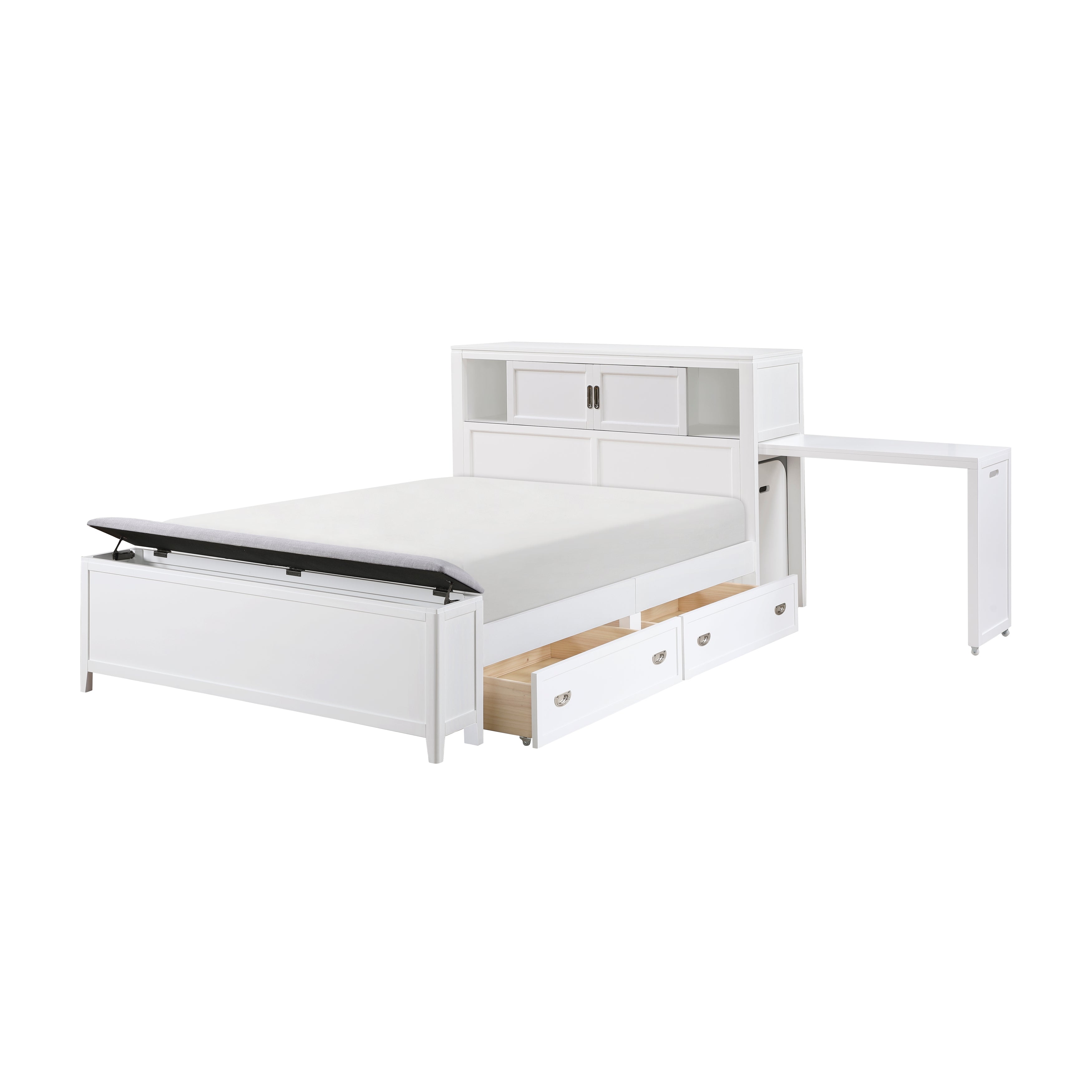 B2024WHBCF-1* (2) Full Bookcase Bed with Hidden Desk, Stool and Storage Bench - B2024WHBCF-1*