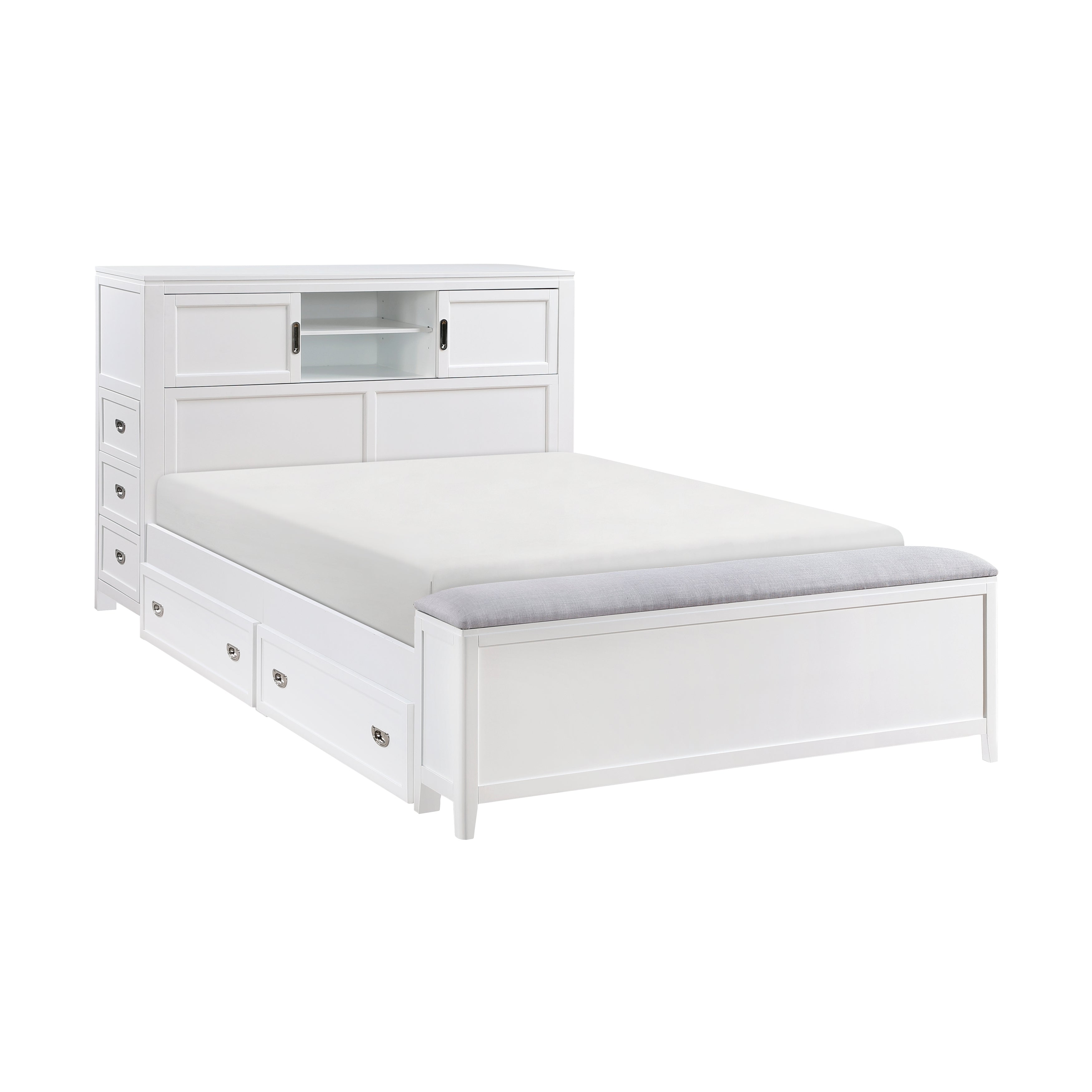 B2024WHBCF-1* (2) Full Bookcase Bed with Hidden Desk, Stool and Storage Bench - B2024WHBCF-1*