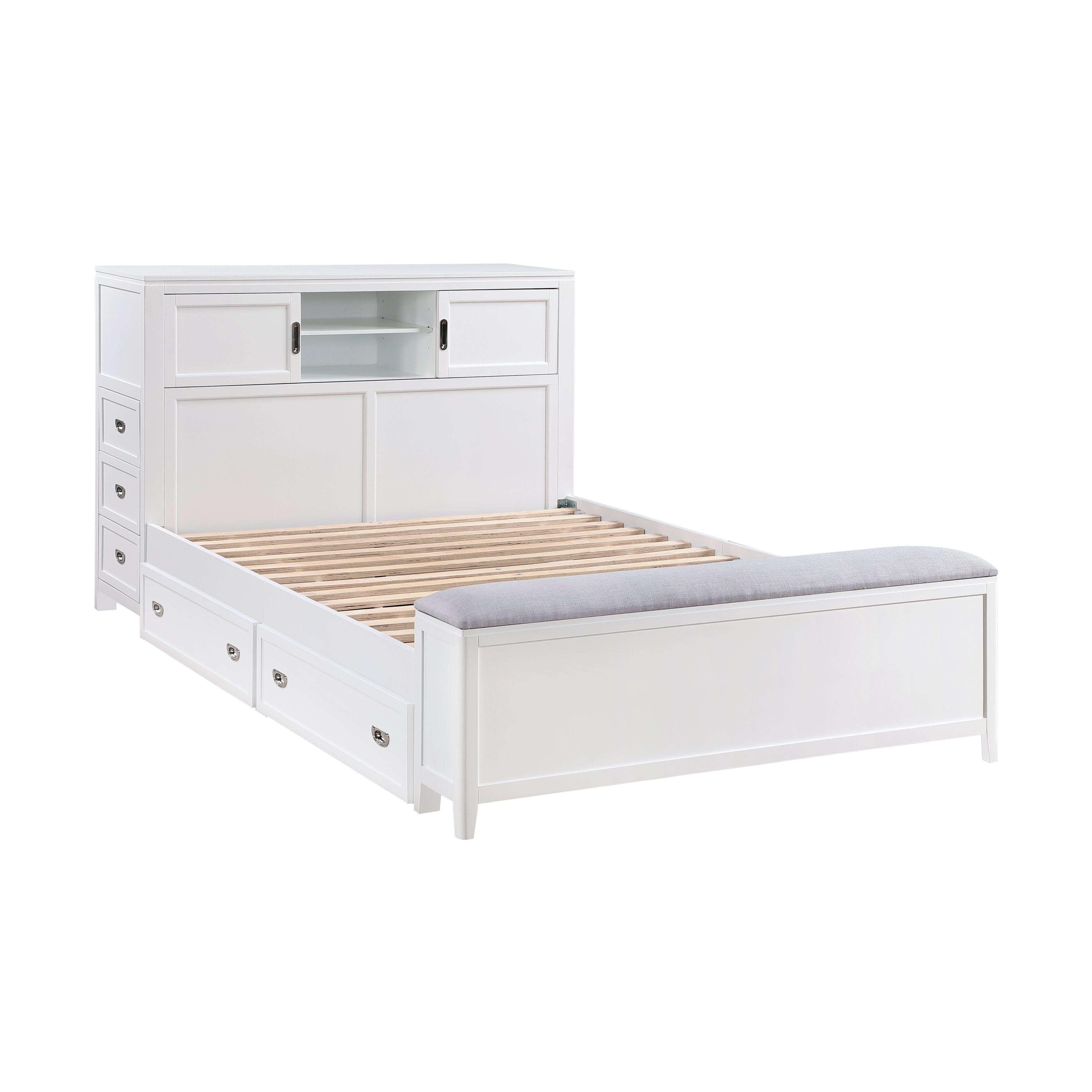 B2024WHBCF-1* (2) Full Bookcase Bed with Hidden Desk, Stool and Storage Bench - B2024WHBCF-1*
