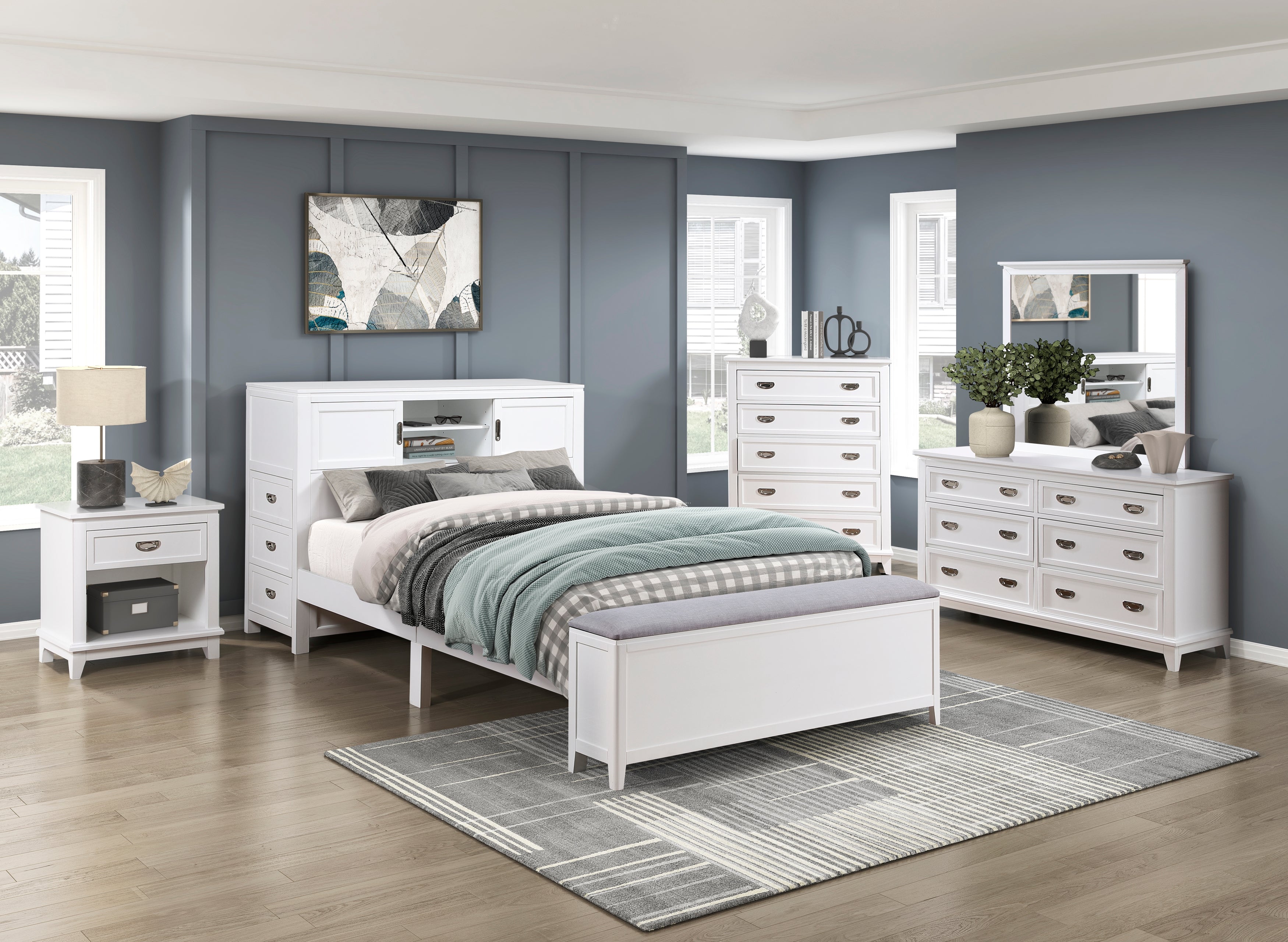 B2024WHBCF-1* (2) Full Bookcase Bed with Hidden Desk, Stool and Storage Bench - B2024WHBCF-1*