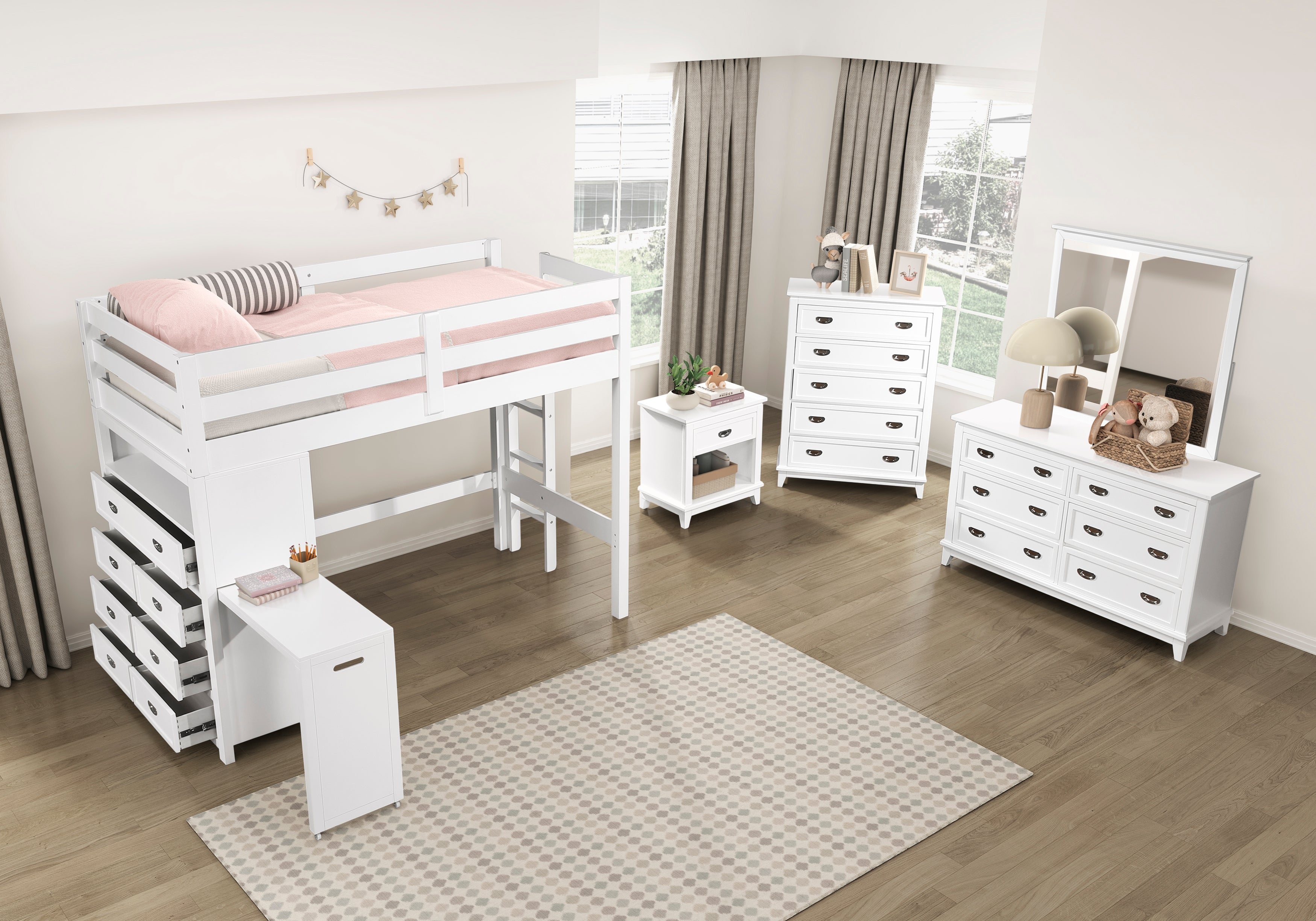 B2024WHLTF-1* (6) Twin/Full Loft Bunk Bed with Chest and Hidden Desk - B2024WHLTF-1*