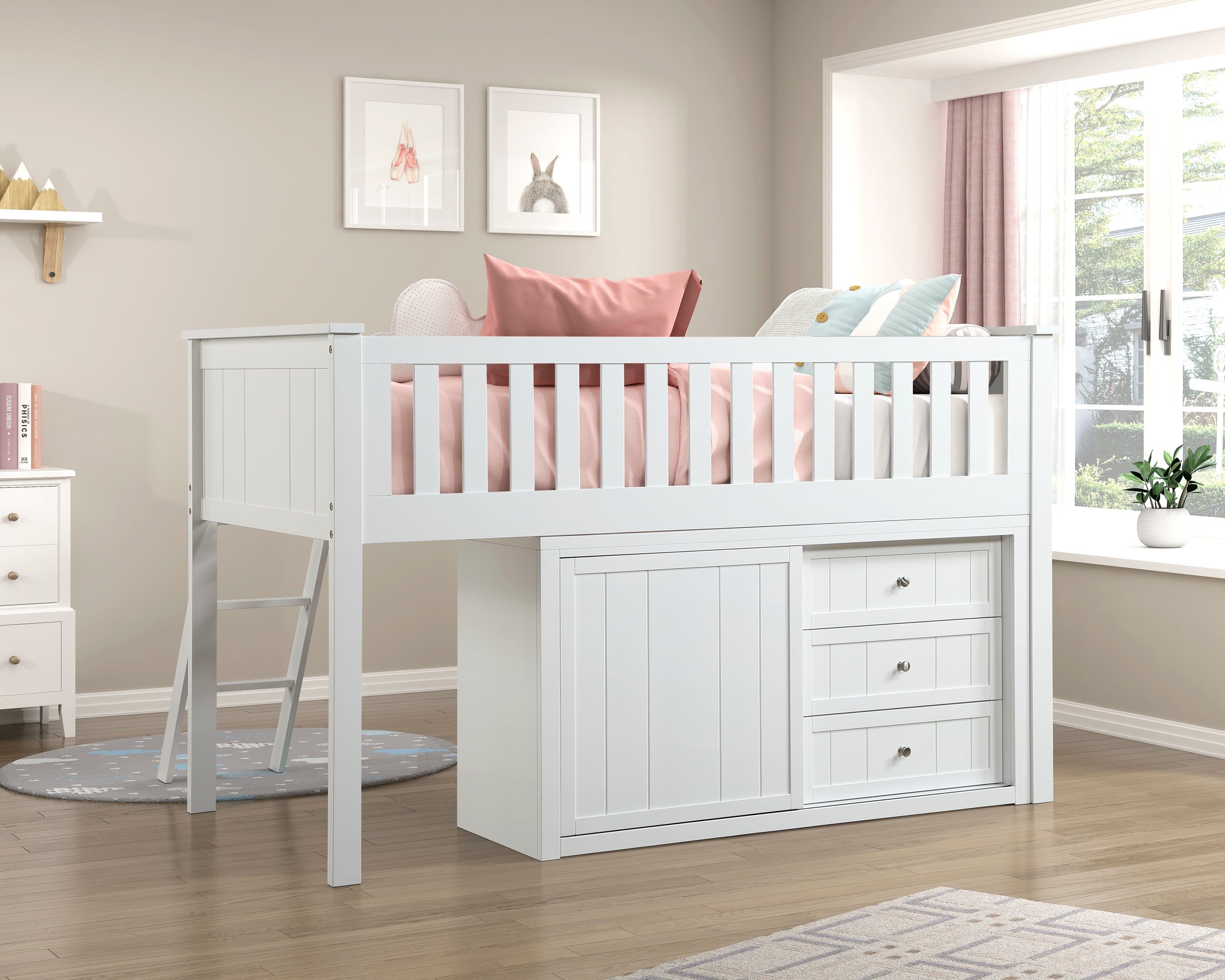 B2053LLW-1*BCDR (5) Low Loft Bunk with Bookcase and Dresser - B2053LLW-1*BCDR