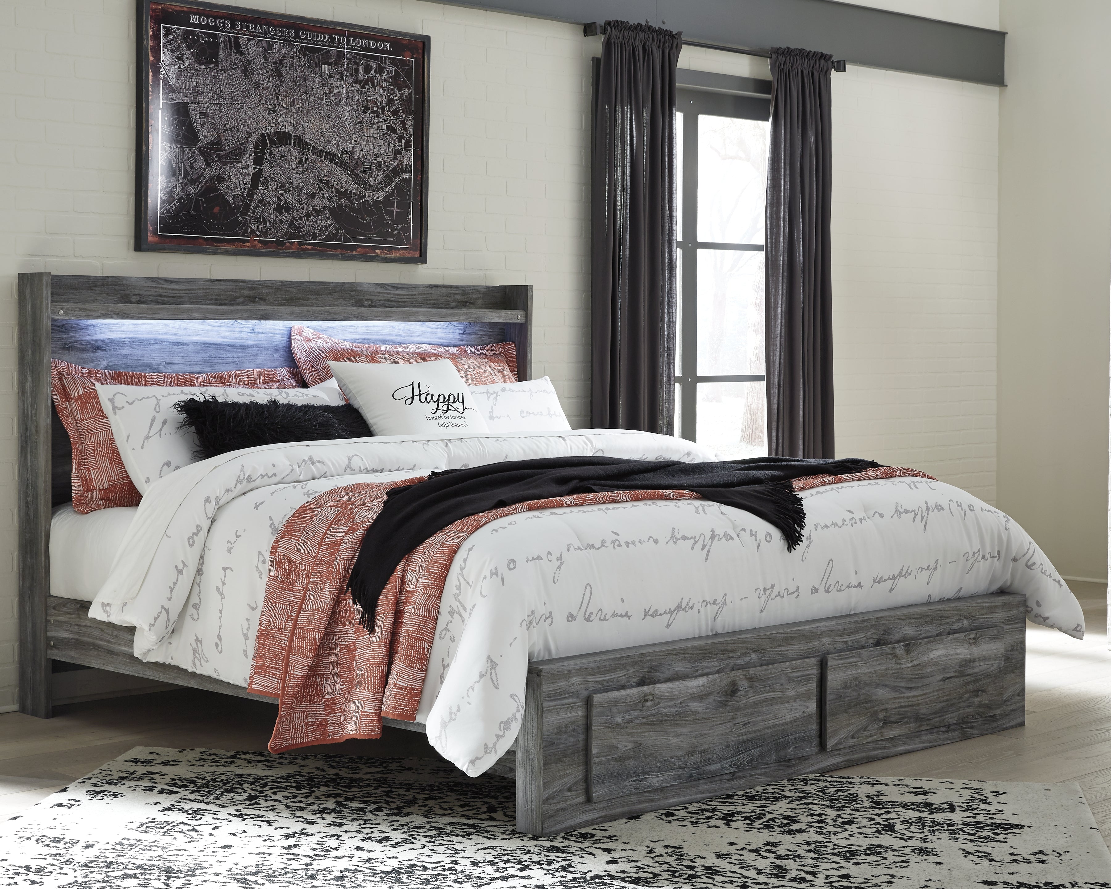 Baystorm Gray King Panel Storage Bed and 2 Nightstands - B221B55