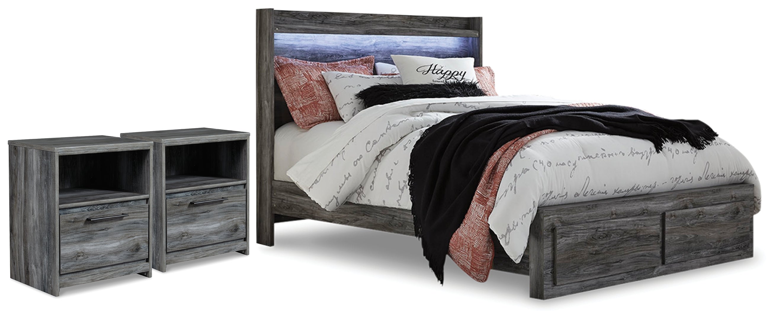 Baystorm Queen Panel Storage Bed and 2 Nightstands - B221B84