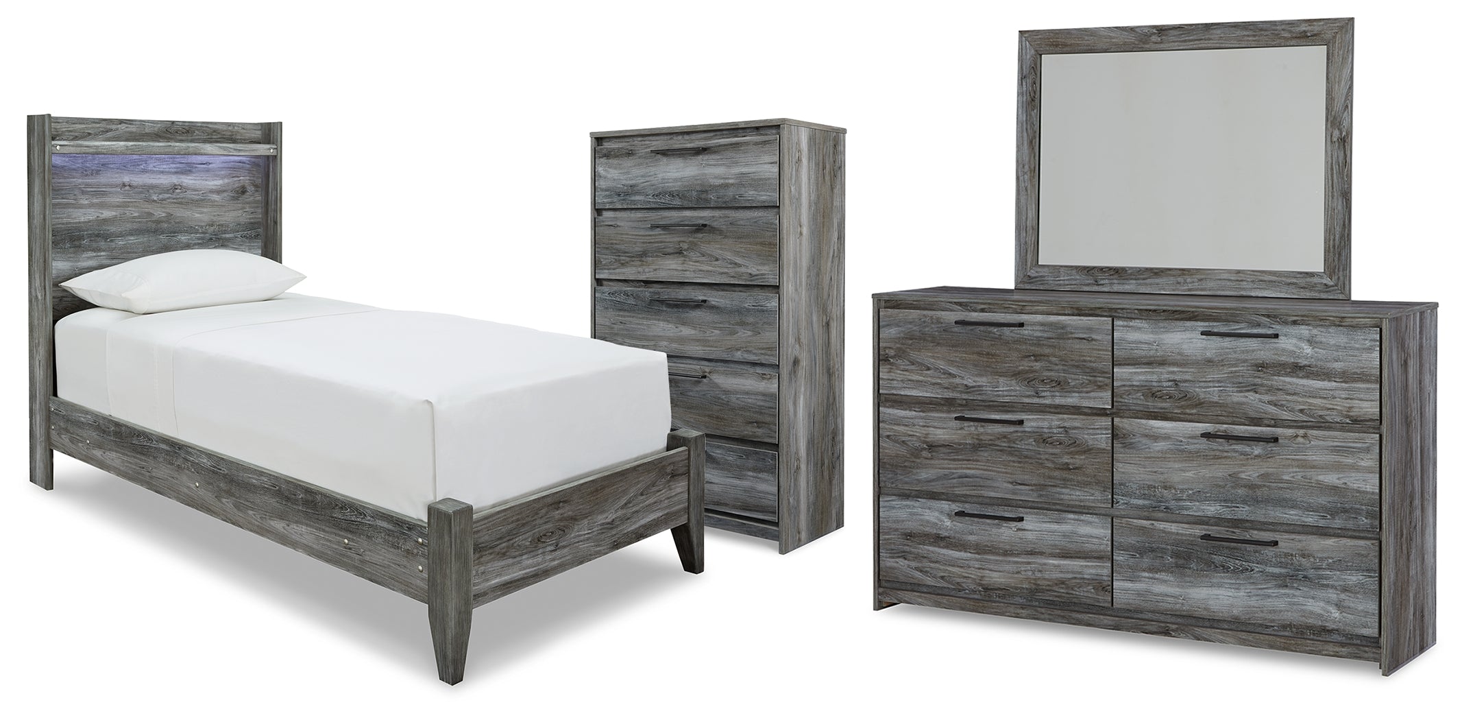Baystorm Twin Panel Bed, Dresser, Mirror and Chest - B221B95