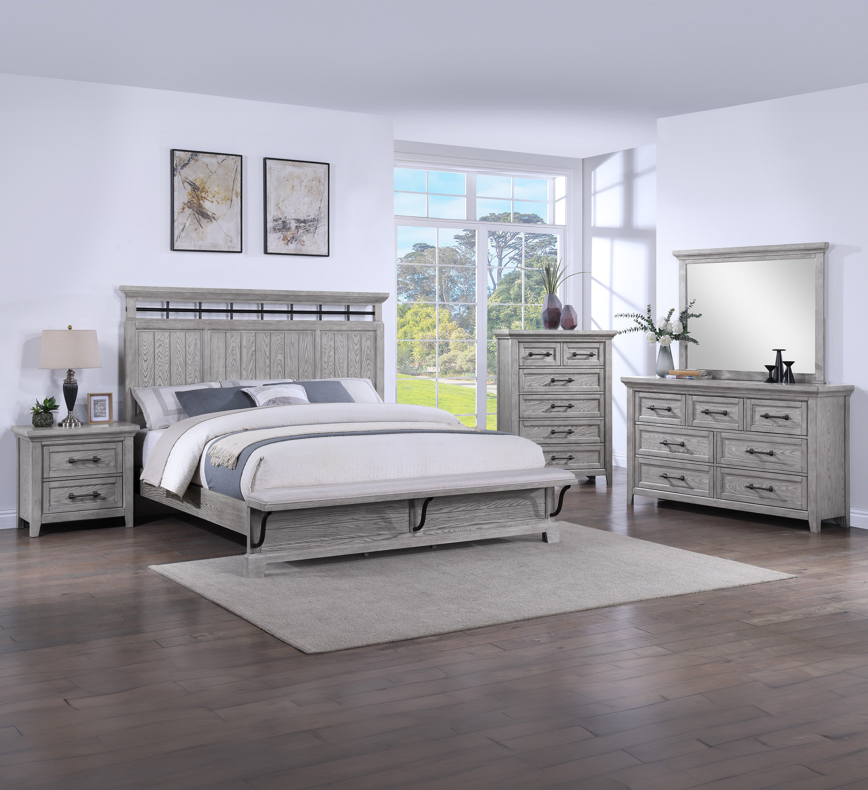 Beckett Rustic Gray Footboard Bench Panel Bedroom Set - SET | B1900-Q-HB | B1900-Q-FB | B1900-KQ-RAIL | B1900-2 | B1900-4