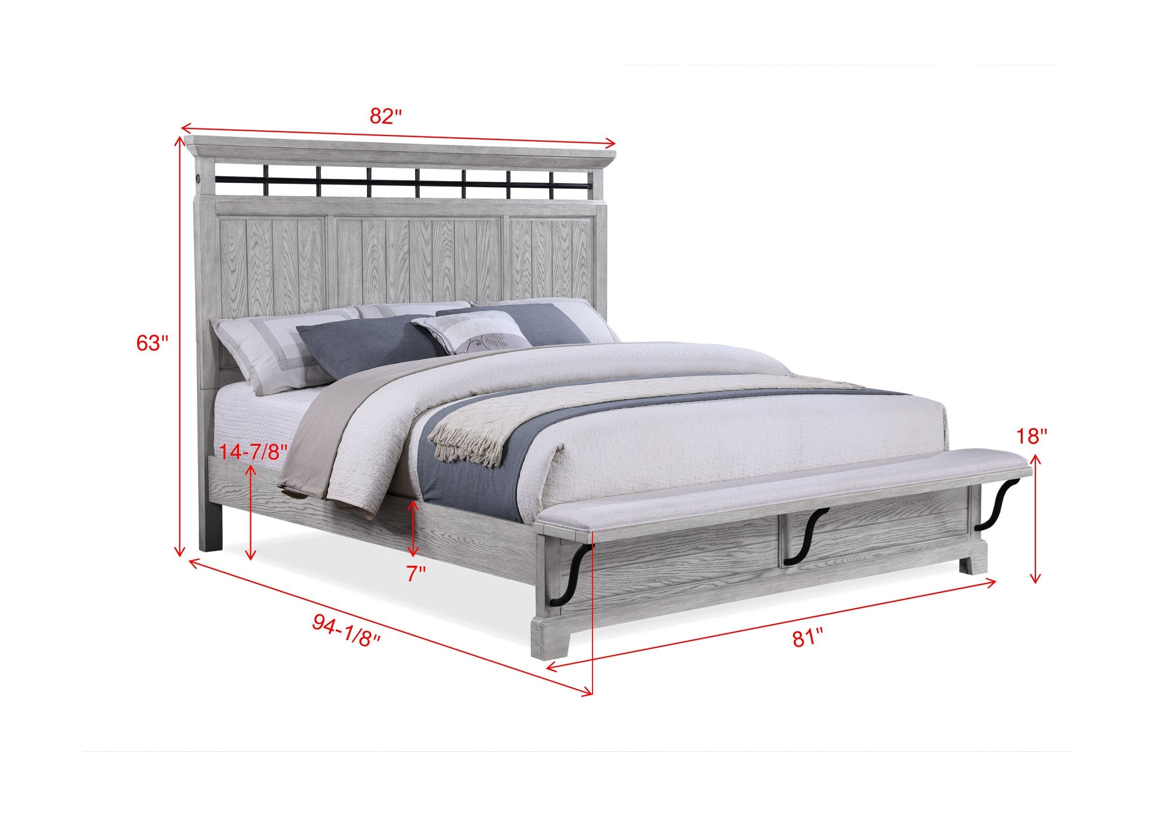 Beckett Rustic Gray King Footboard Bench Panel Bed - SET | B1900-K-HB | B1900-K-FB | B1900-KQ-RAIL