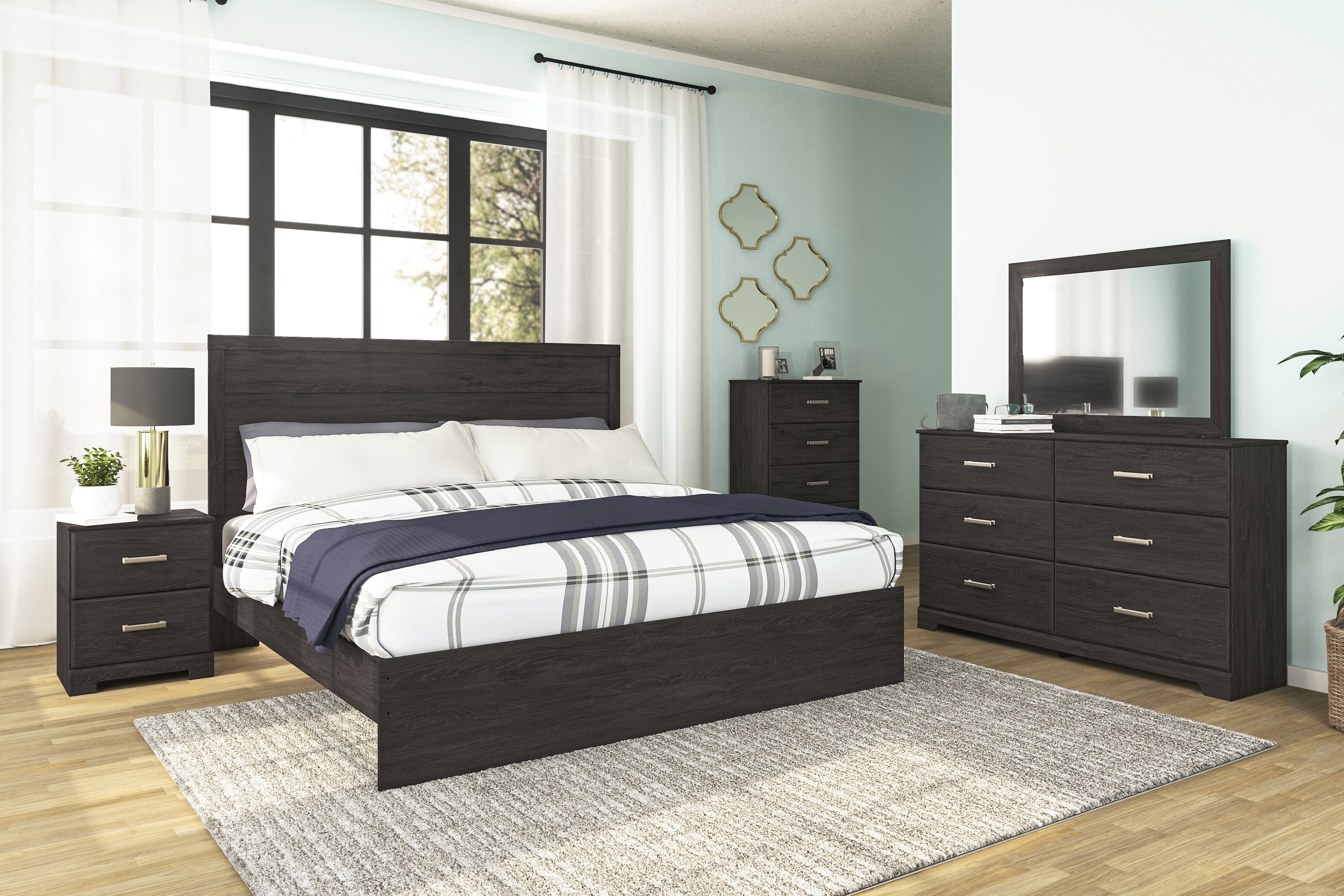 Belachime King Panel Bed with Mirrored Dresser, Chest and 2 Nightstands in Charcoal from Ashley - Luna Furniture