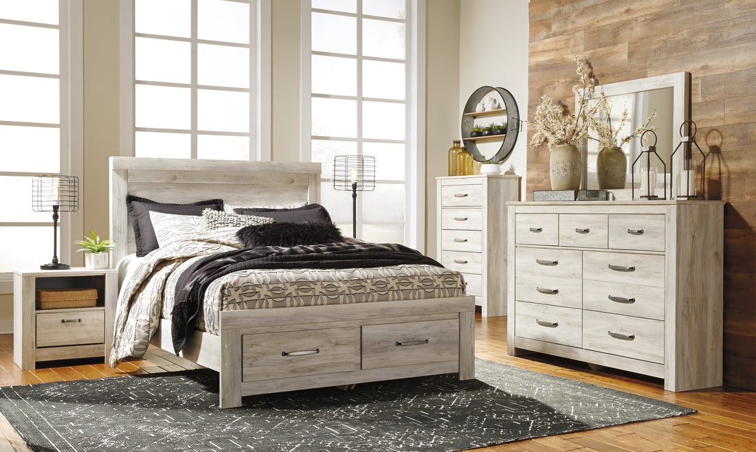 Bellaby Queen Platform Bed with 2 Storage Drawers with Mirrored Dresser, Chest and Nightstand in Whitewash from Ashley - Luna Furniture