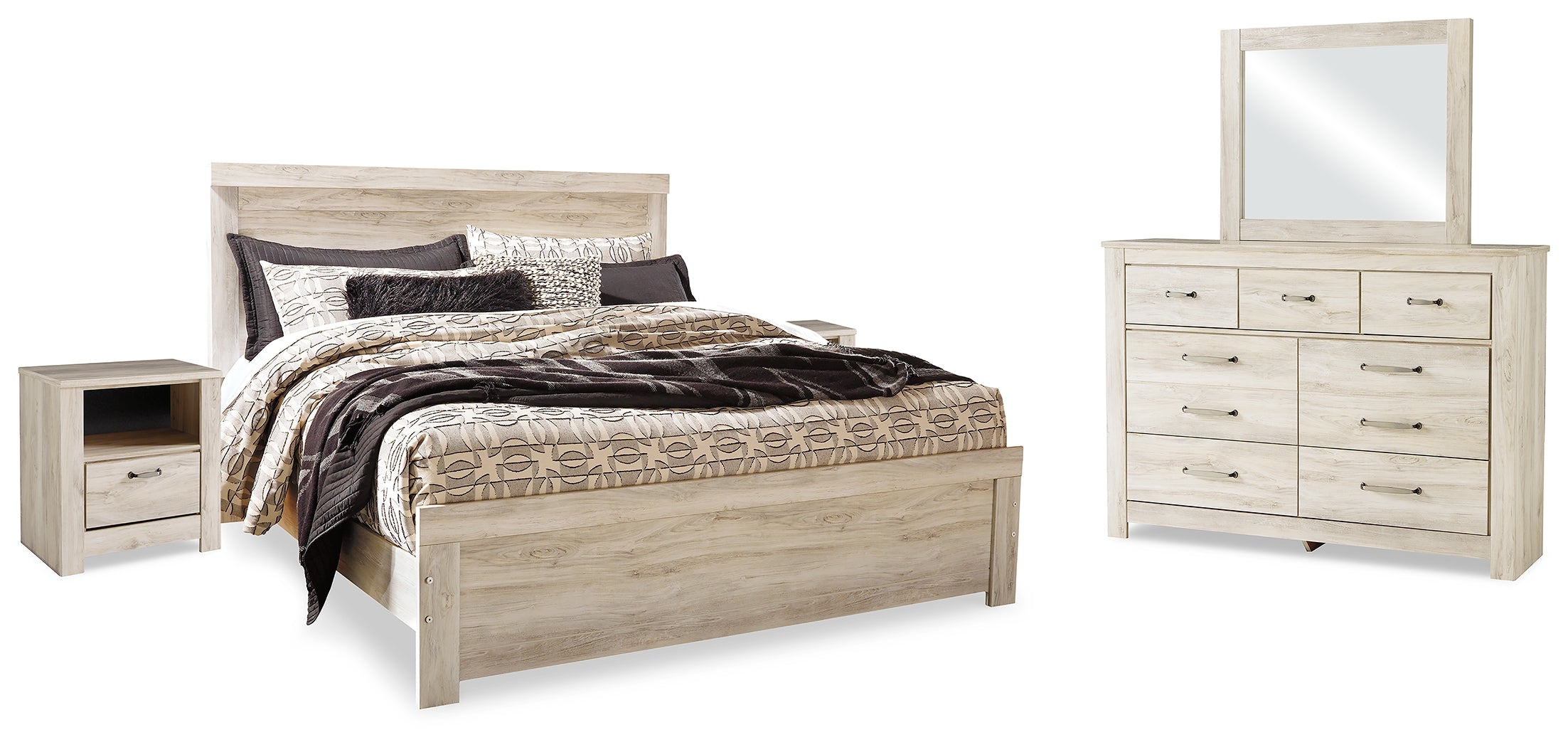 Bellaby Whitewash King Panel Bed, Dresser, Mirror and 2 Nightstands - B331B22