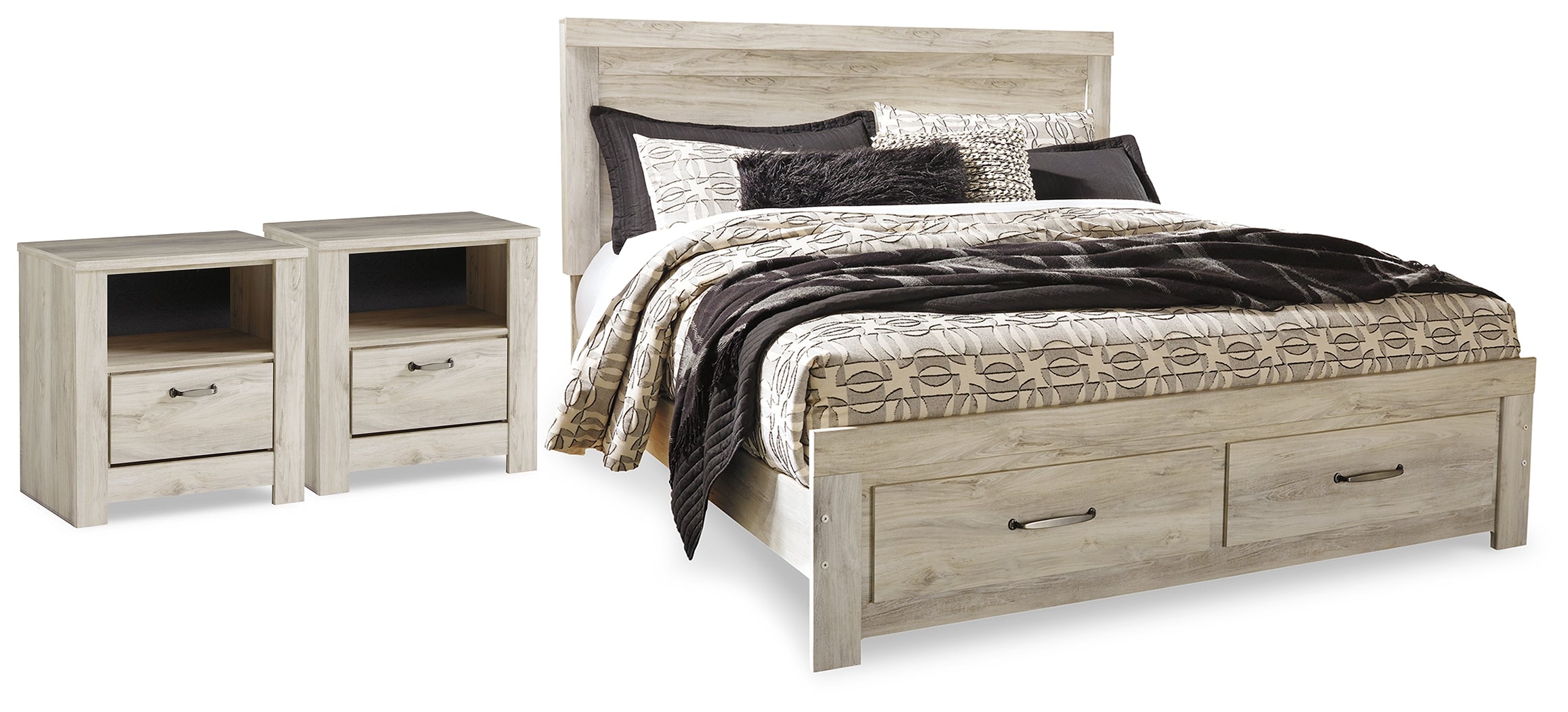 Bellaby Whitewash King Storage Bed and 2 Nightstands - B331B23