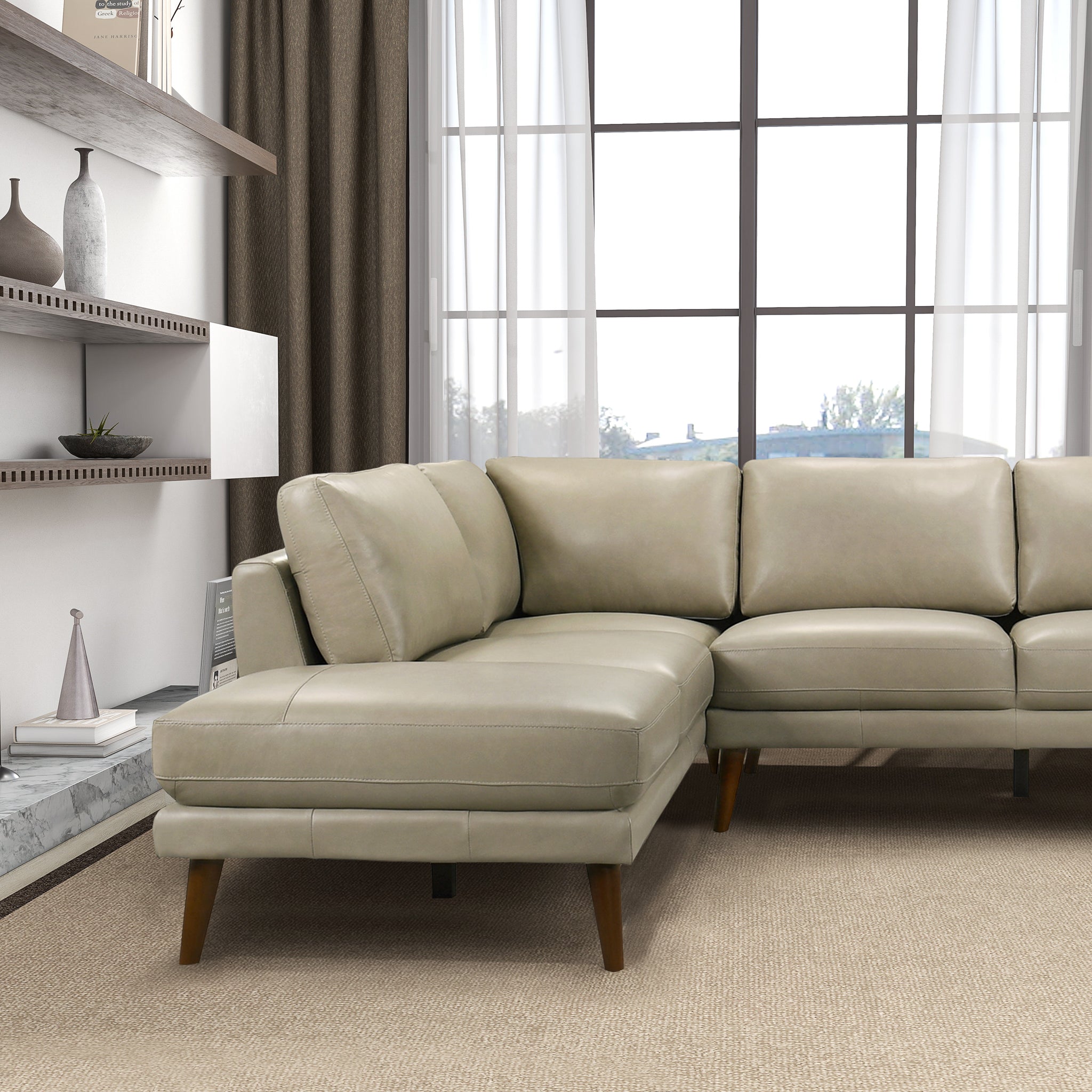 Benson Beige Leather Sectional Sofa Left Facing Chaise - SEC00400403