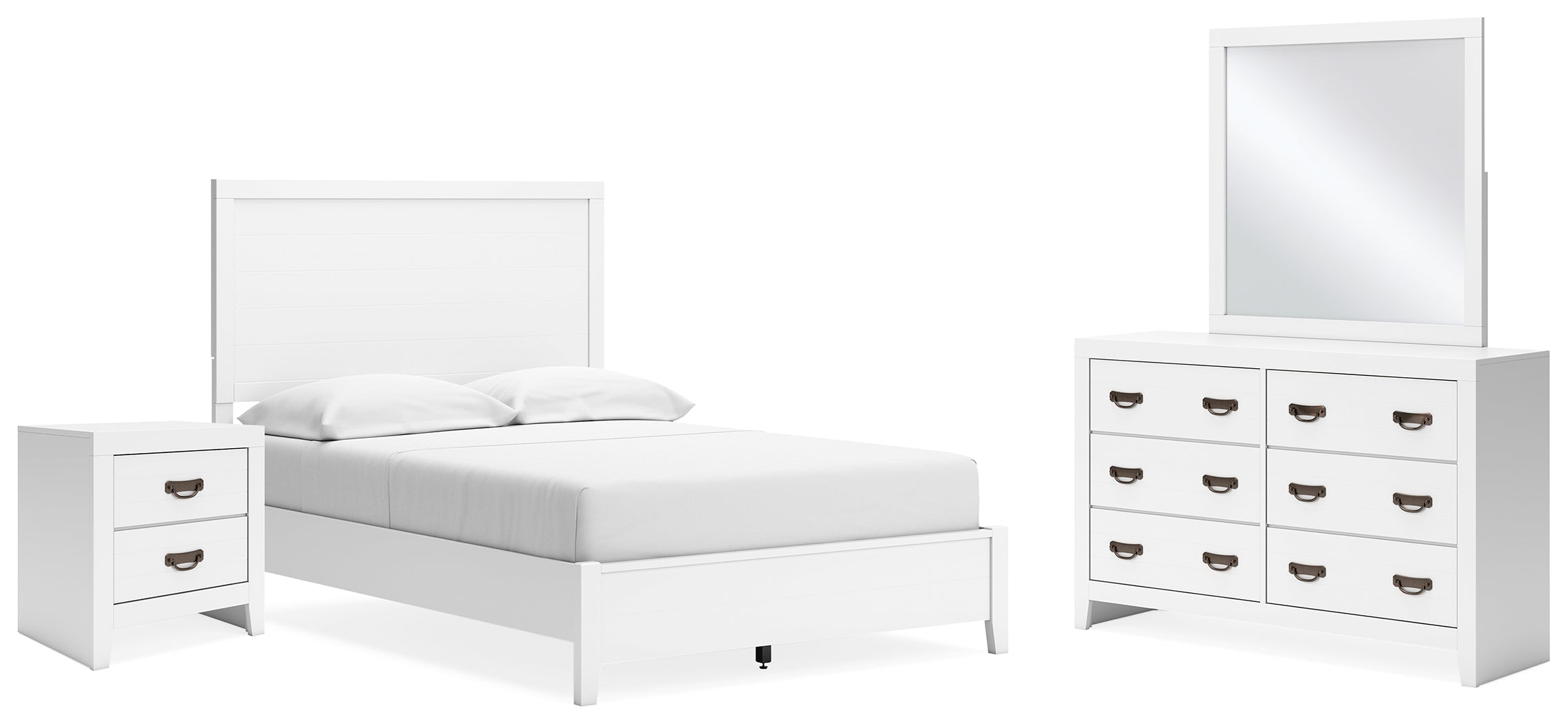 Binterglen Full Panel Bed with Mirrored Dresser and Nightstand in White - PKG016611