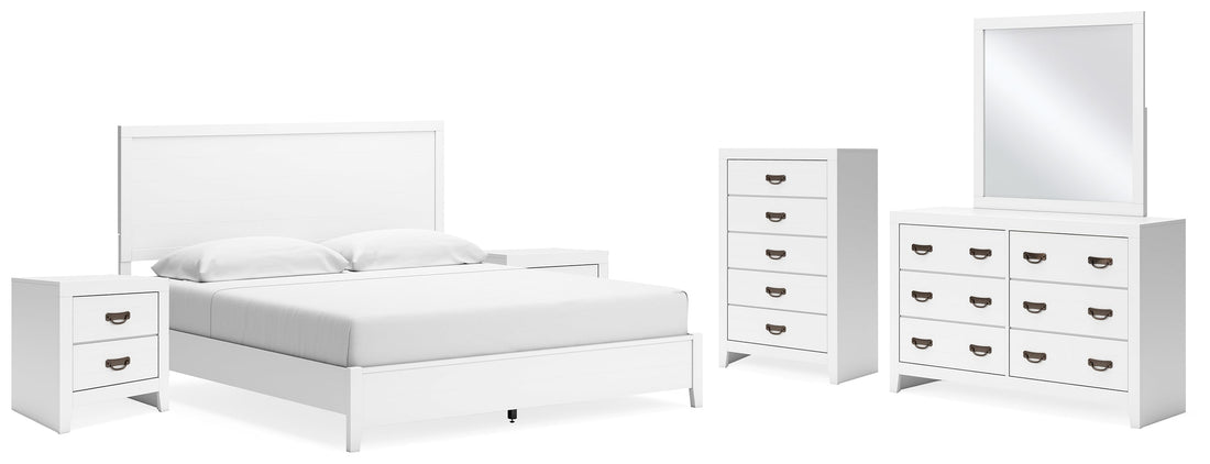 Binterglen King Panel Bed with Mirrored Dresser, Chest and 2 Nightstands in White - PKG016711