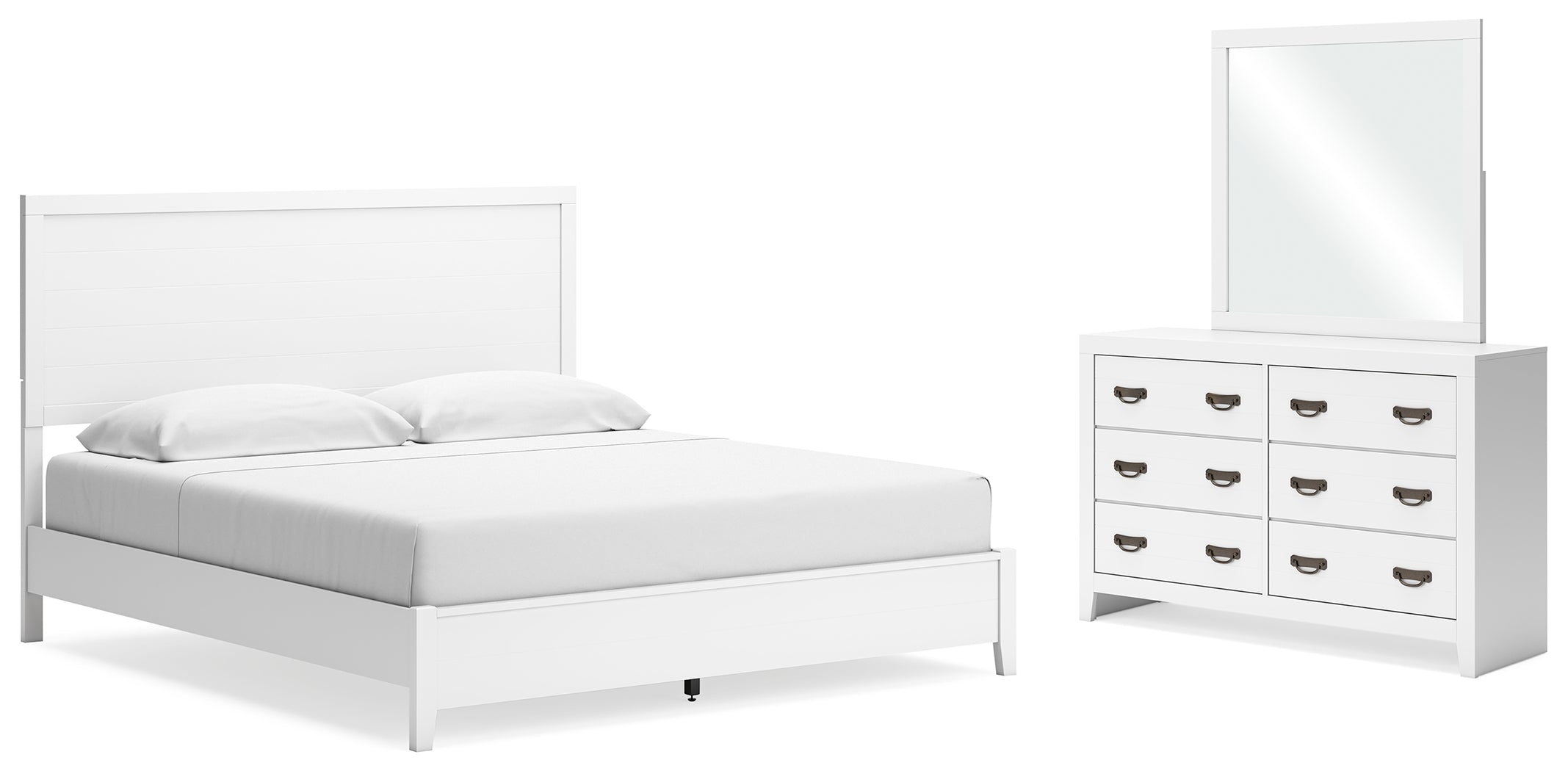 Binterglen King Panel Bed with Mirrored Dresser in White - PKG016709