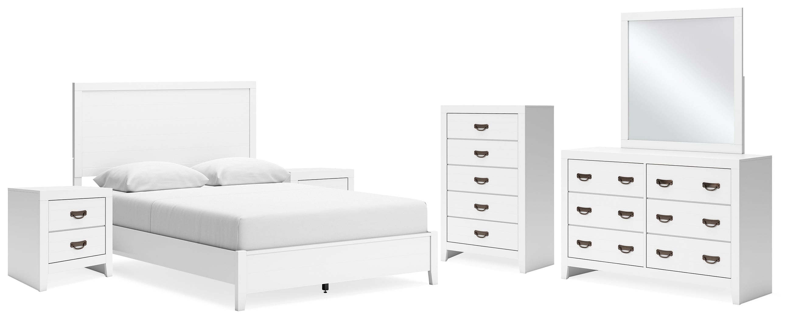 Binterglen Queen Panel Bed with Mirrored Dresser, Chest and 2 Nightstands in White - PKG016702