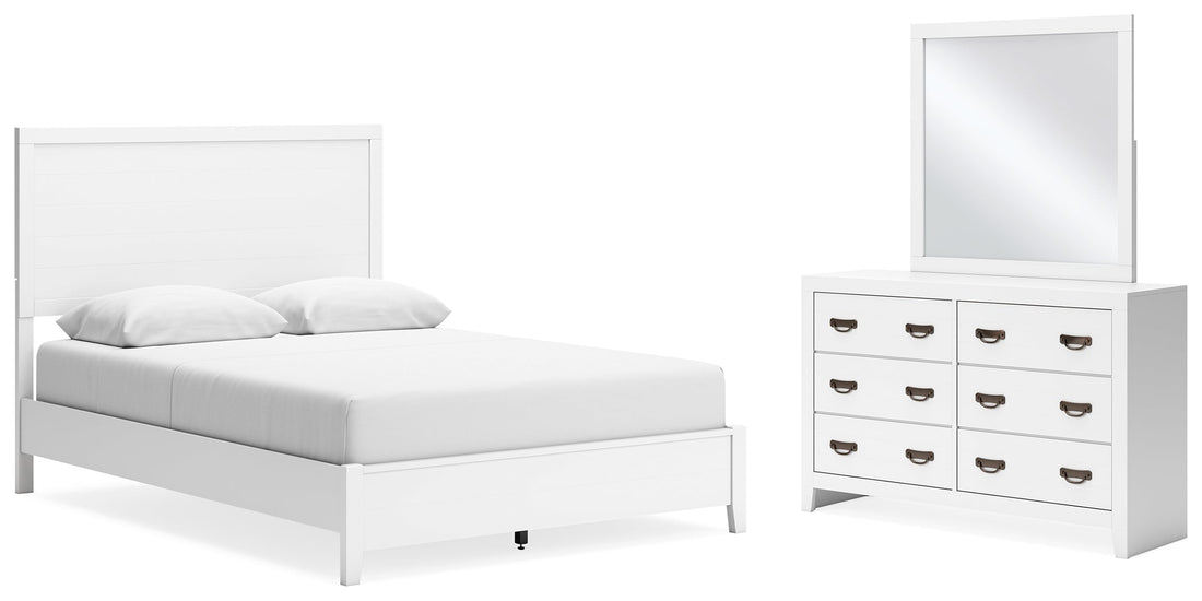 Binterglen Queen Panel Bed with Mirrored Dresser in White - PKG016700