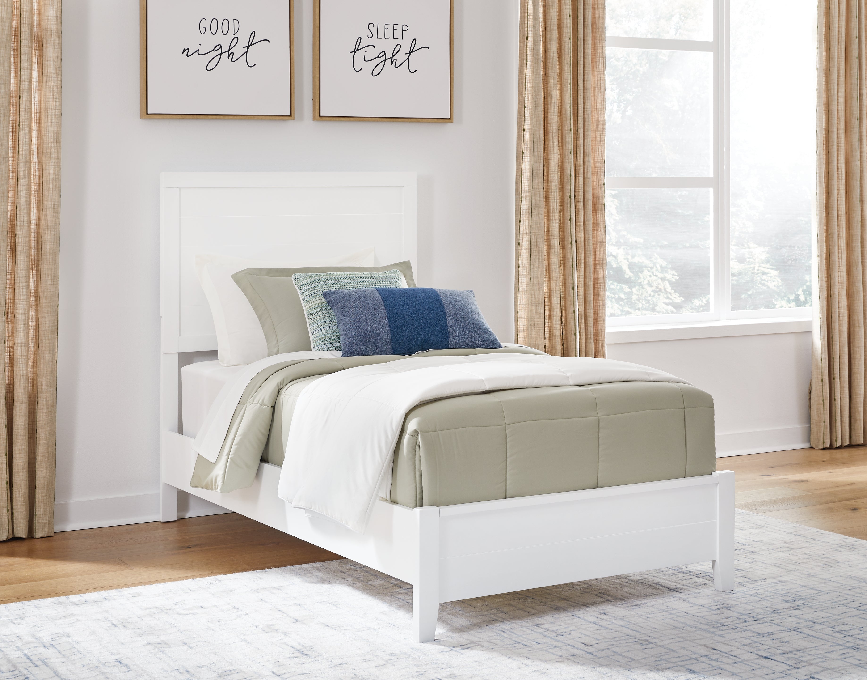 Binterglen Twin Panel Bed with Mirrored Dresser and 2 Nightstands in White - PKG016600