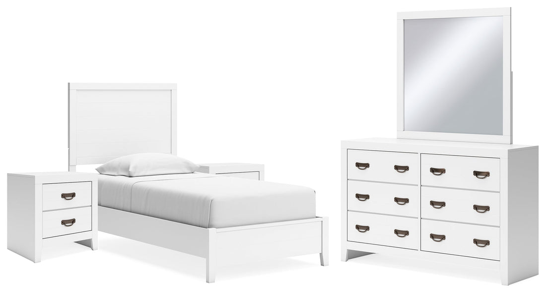 Binterglen Twin Panel Bed with Mirrored Dresser and 2 Nightstands in White - PKG016600