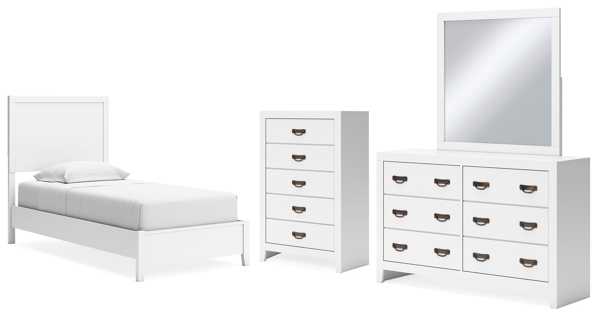Binterglen Twin Panel Bed with Mirrored Dresser and Chest in White - PKG016603