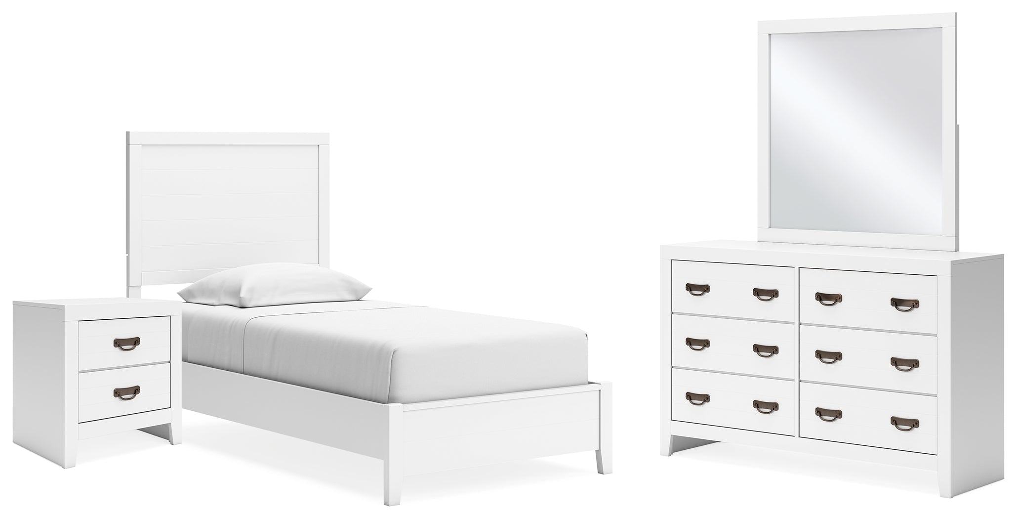 Binterglen Twin Panel Bed with Mirrored Dresser and Nightstand in White - PKG016602