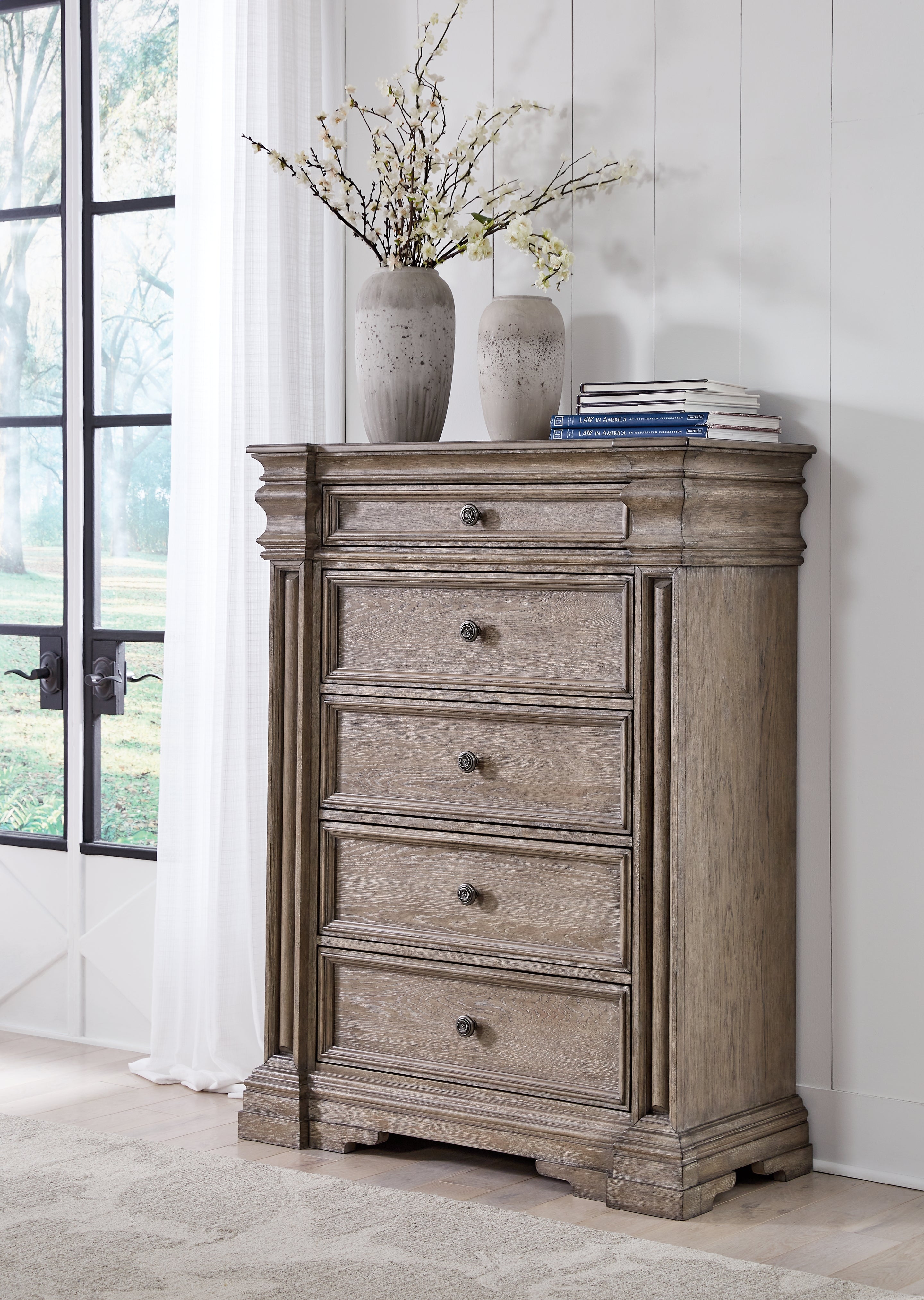 Blairhurst King Panel Bed with Mirrored Dresser, Chest and Nightstand in Light Grayish Brown from Ashley - Luna Furniture