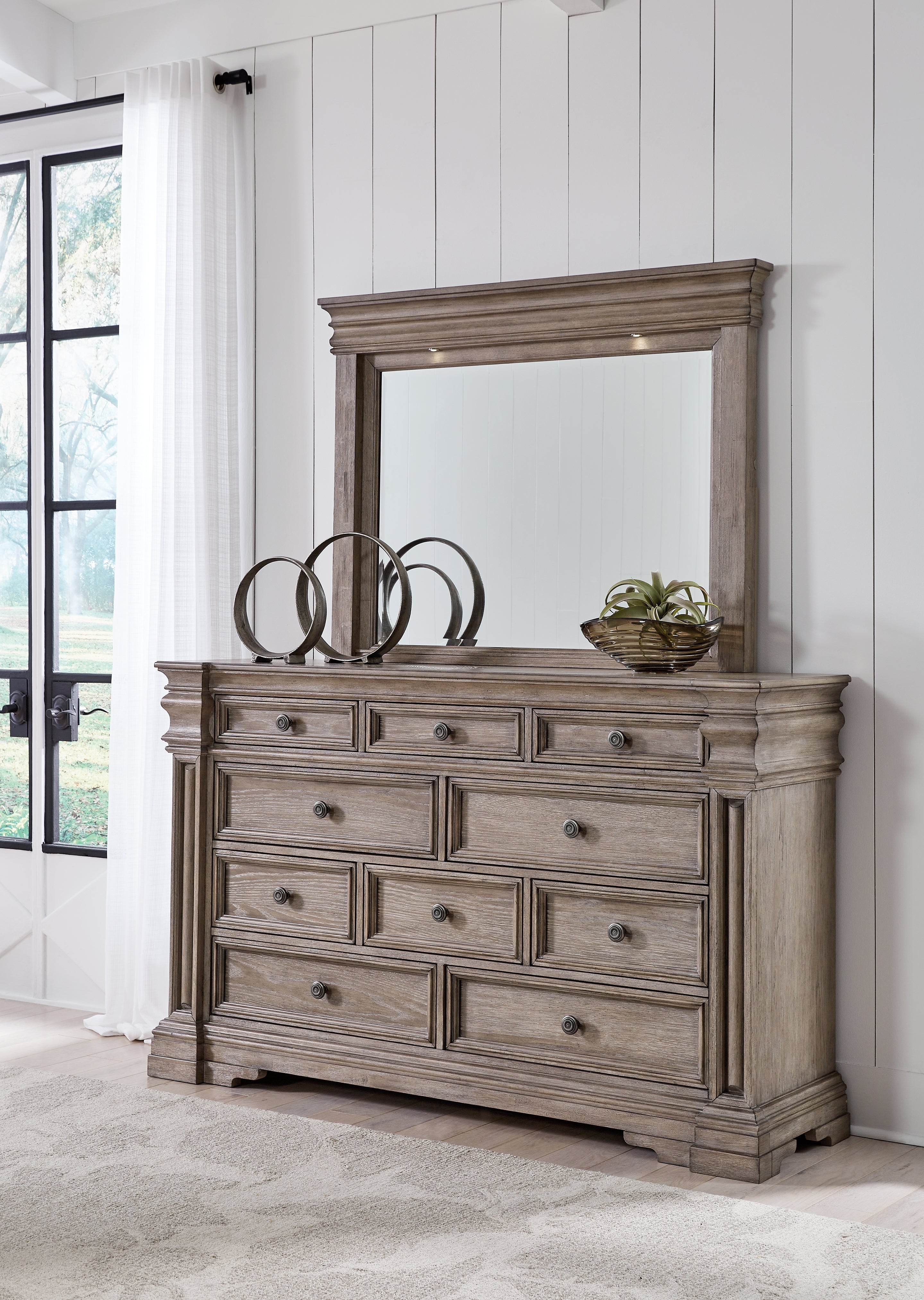 Blairhurst Queen Panel Bed with Mirrored Dresser, Chest and Nightstand in Light Grayish Brown from Ashley - Luna Furniture