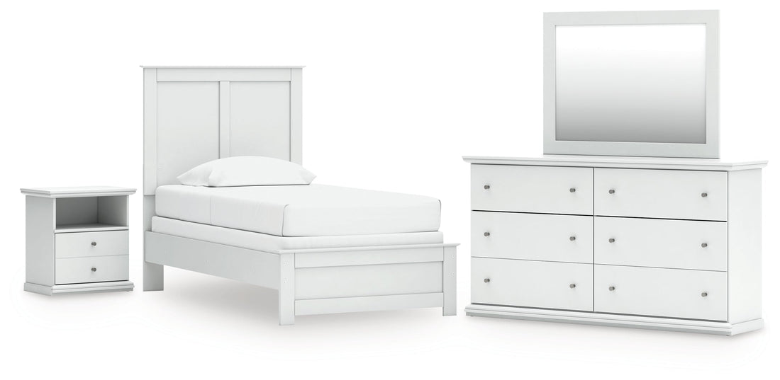 Bostwick Shoals Twin Panel Bed with Mirrored Dresser and Nightstand in White - PKG021558